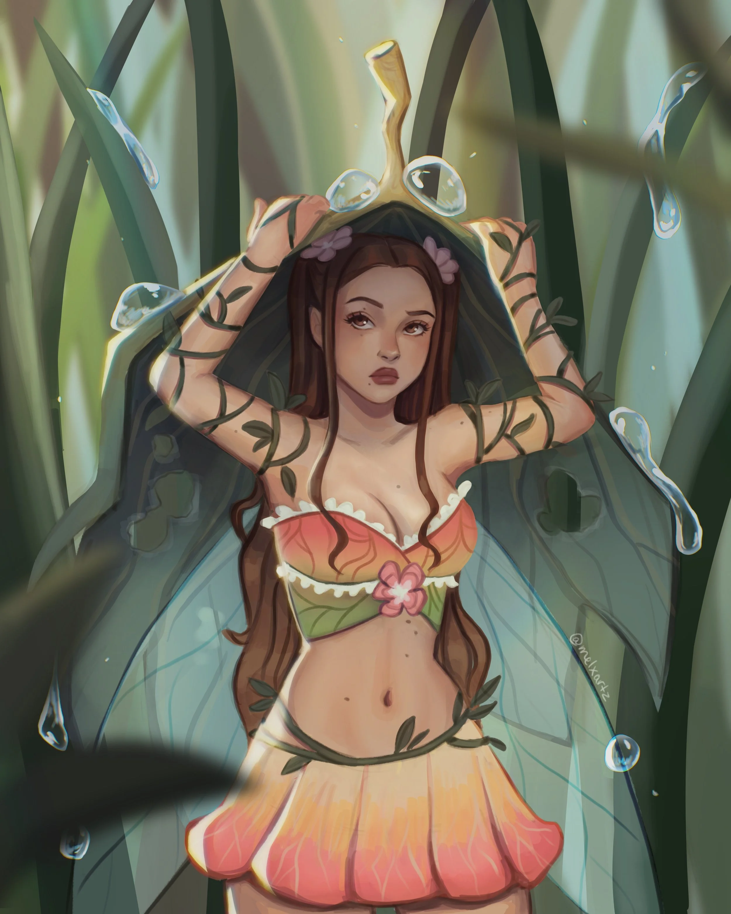 An animated fairy with butterfly wings wearing a flower-themed outfit, laying among tall green plants with water droplets.