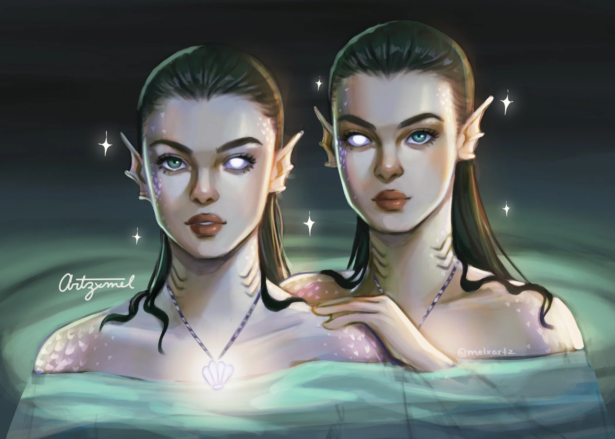 Digital illustration of two female mermaids with pointed ears and glowing eyes, sitting in water with a dark background and sparkling stars around them.