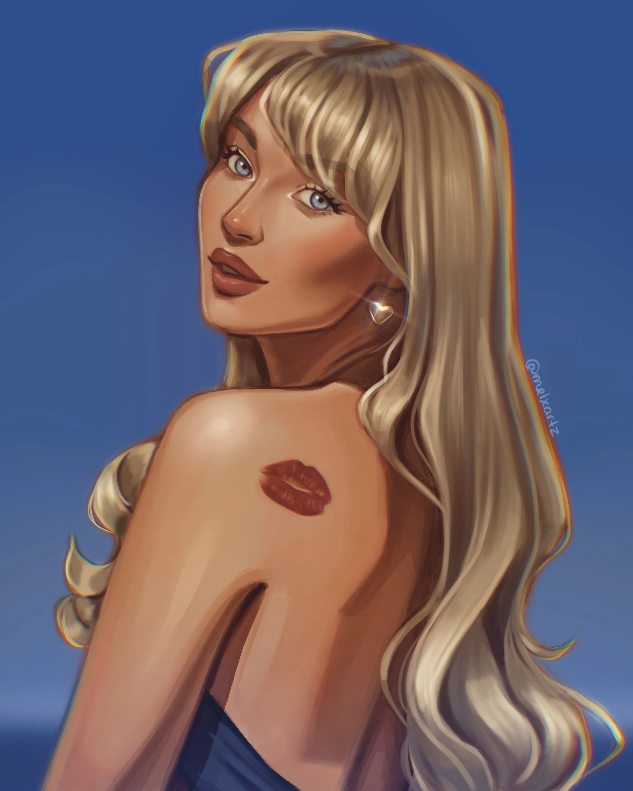 Digital illustration of a woman with long blonde hair, blue eyes, and wearing a dark top. She has a lipstick kiss tattoo on her shoulder and is wearing heart-shaped earrings. The background is solid blue.