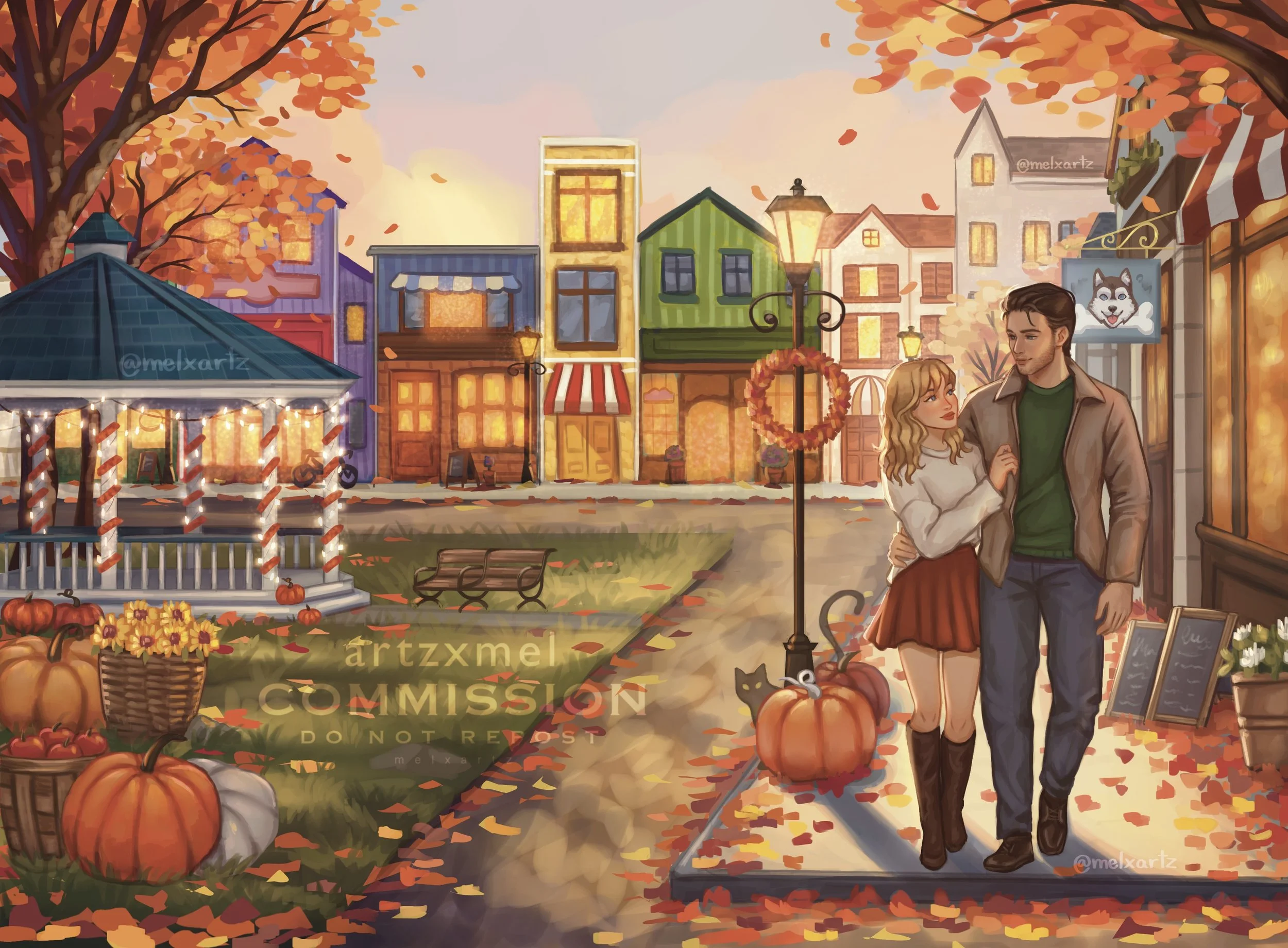 Custom Illustrated Book cover Commission featuring an autumn scene in a town square with two young adults walking arm in arm.  There are pumpkins fallen leaves on the sidewalk.