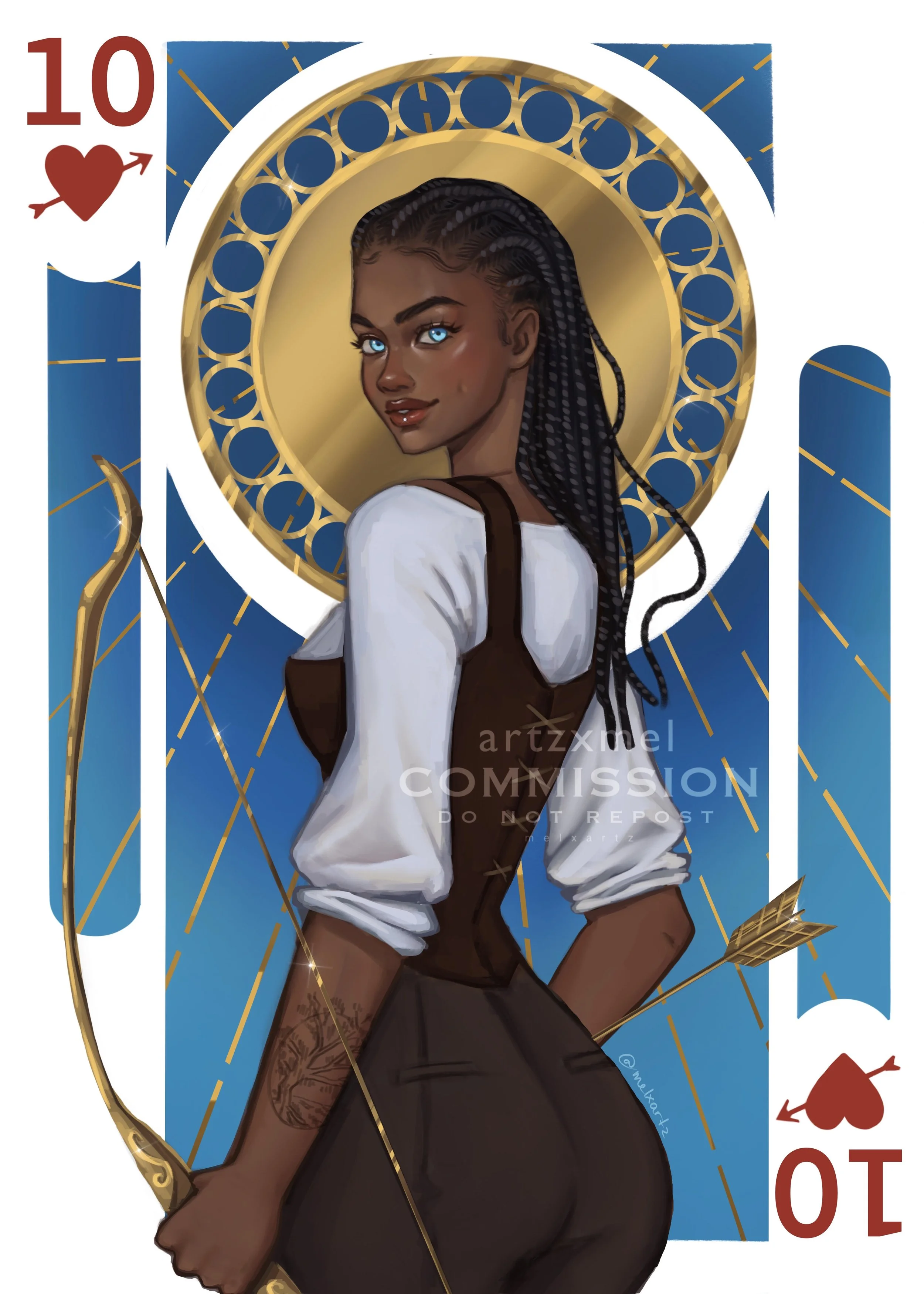 Custom digital art commission of a female archer with braided hair, holding a bow and arrow, depicted as the Queen of Hearts playing card with a blue and gold circular design behind her.