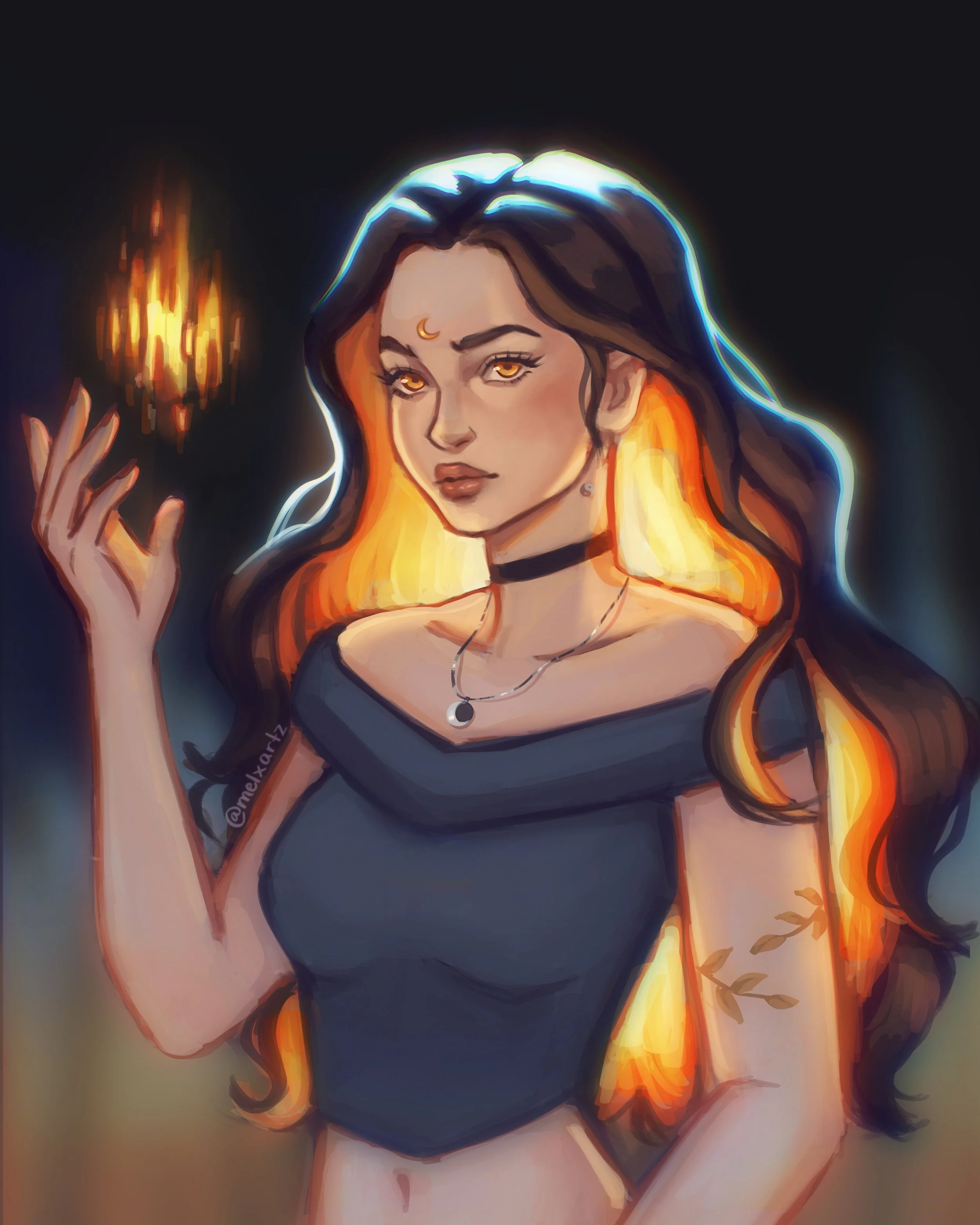Digital art of a young woman with dark hair and fiery orange tips, holding a small flame, wearing a black off-shoulder top, choker, and layered necklaces, with glowing eyes, a crescent moon on her forehead, and tattoos on her arm, against a dark back