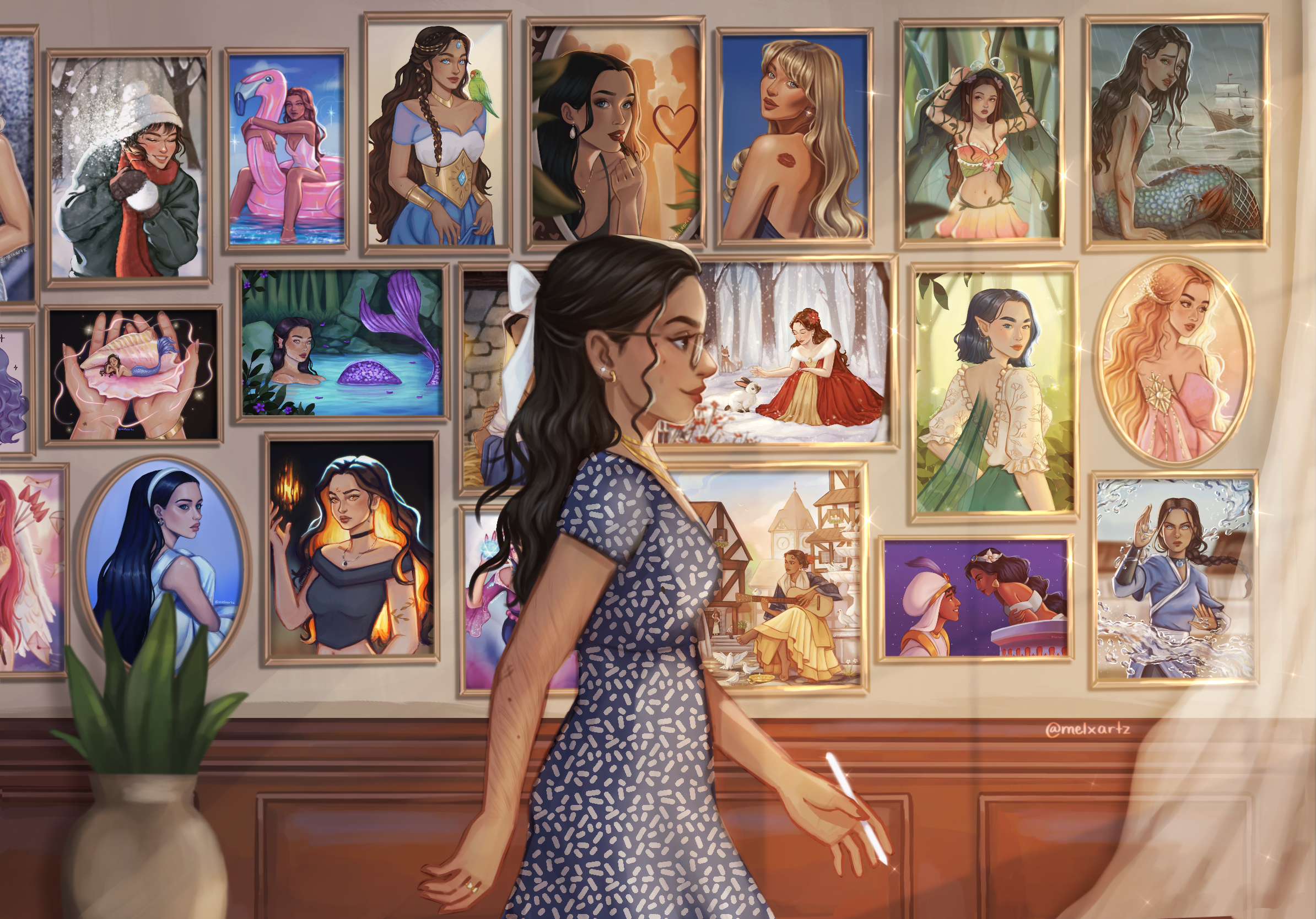 A woman in a blue dress walking in an art gallery, with a wall full of various colorful framed paintings depicting fantasy, nature, and portrait scenes.
