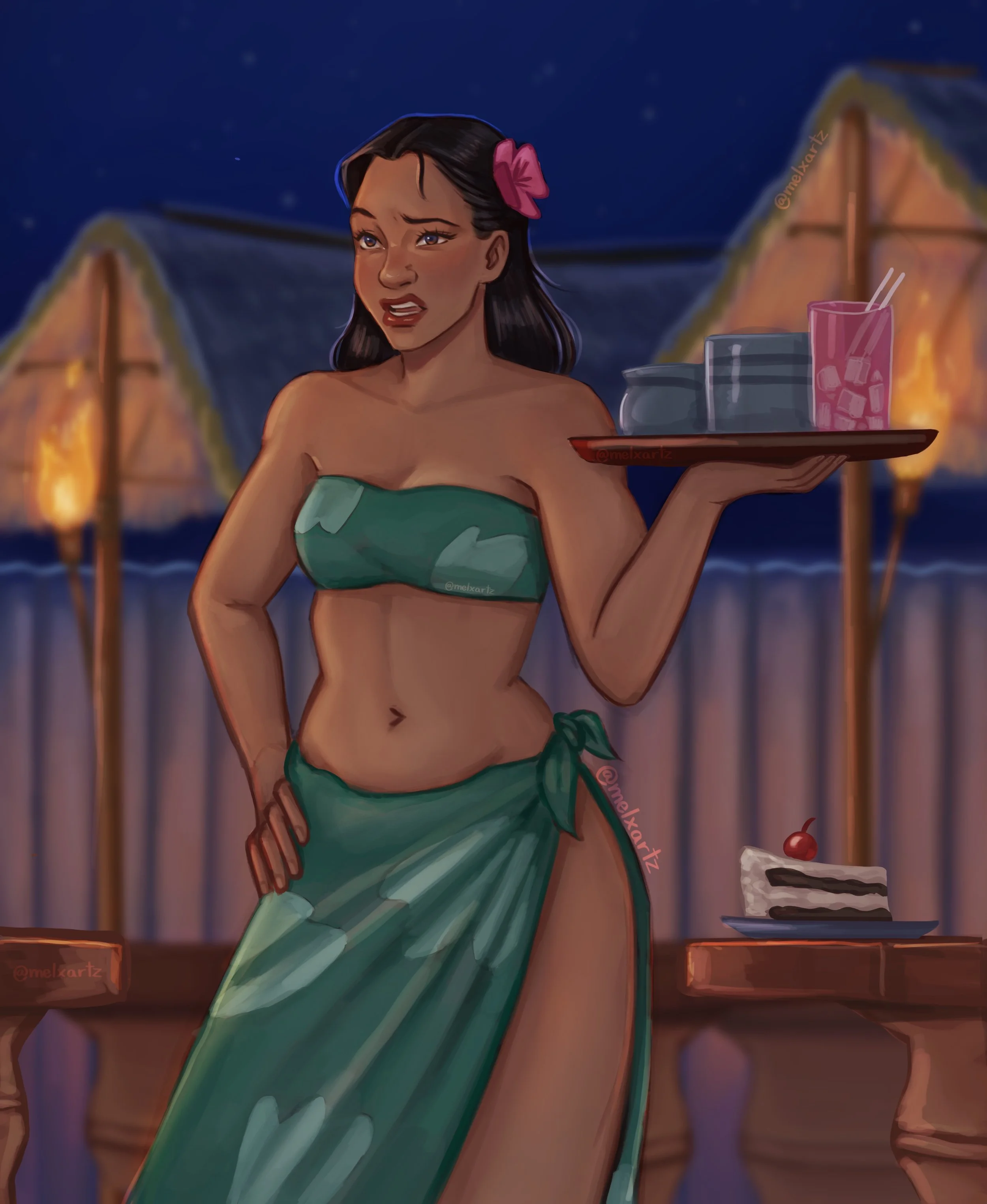A woman in a green bikini and sarong standing at the beach at night, holding a tray with drinks, with tiki torches and a cake with a cherry in the background.