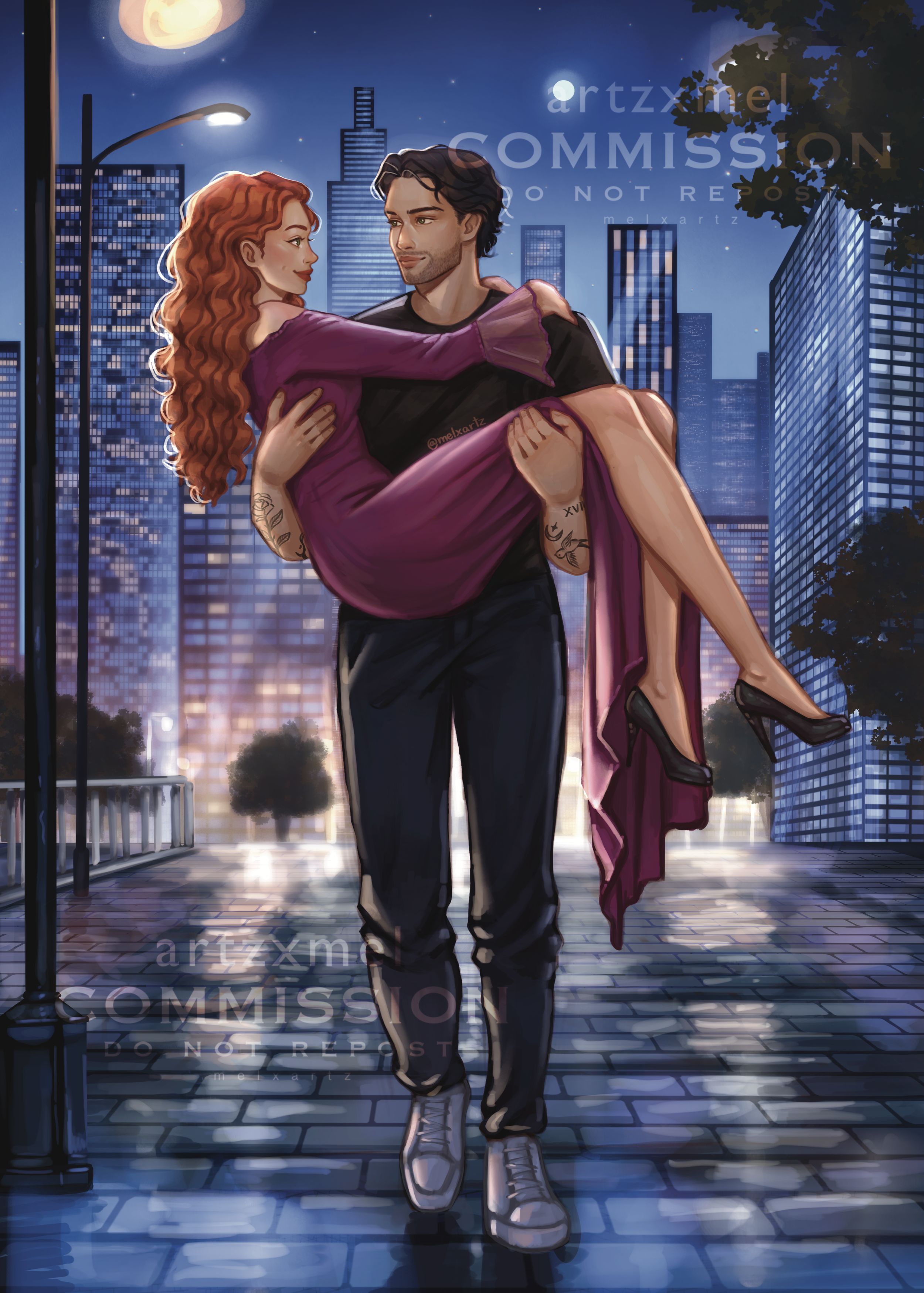 Character portrait commission of a man carrying a woman in a city at night with tall buildings and streetlights, rainy pavement, and trees.