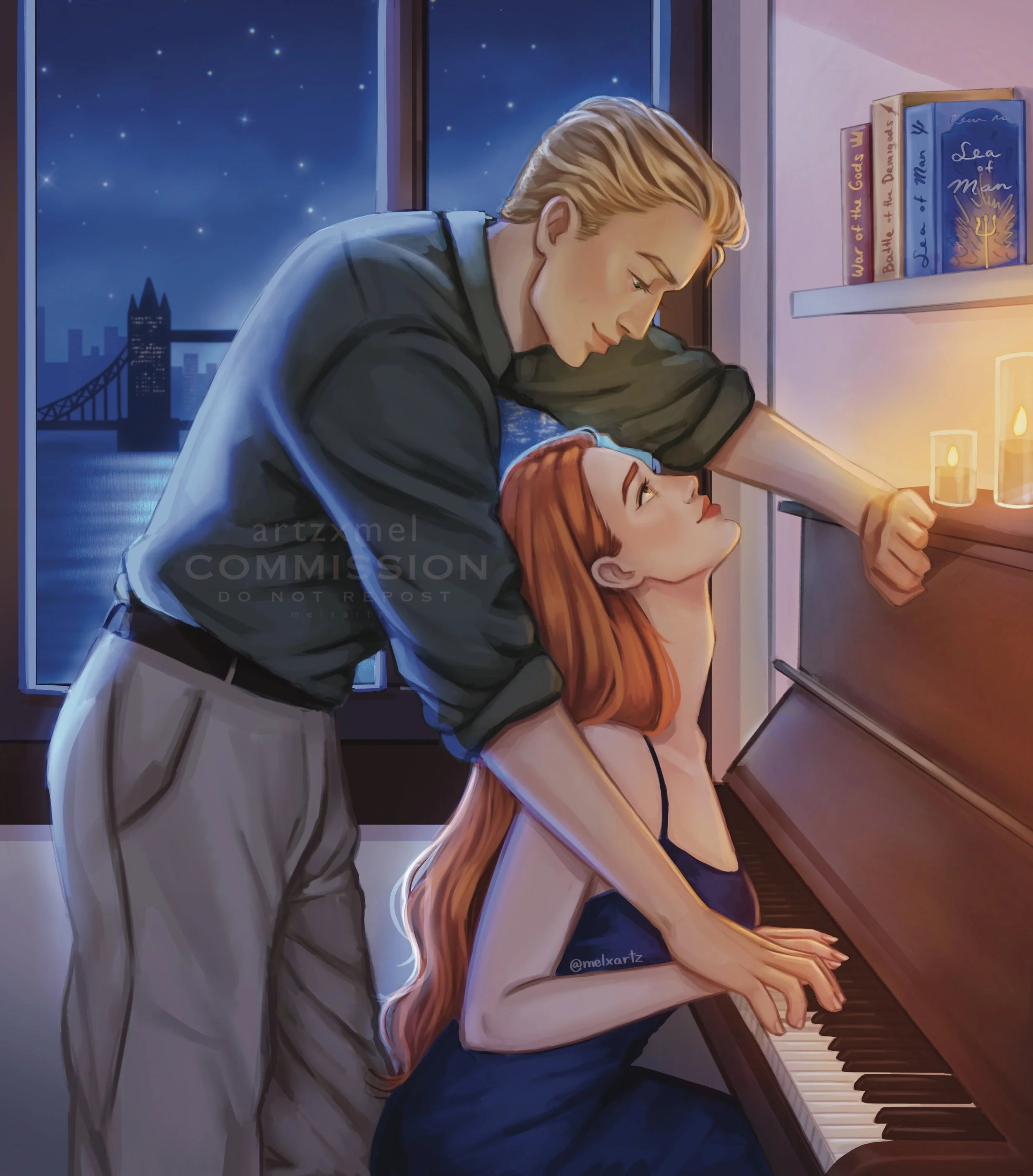 Custom character art Commission of a young man and woman share a tender moment by a piano, with the woman playing the piano and the man gently leaning over her, both looking into each other's eyes.