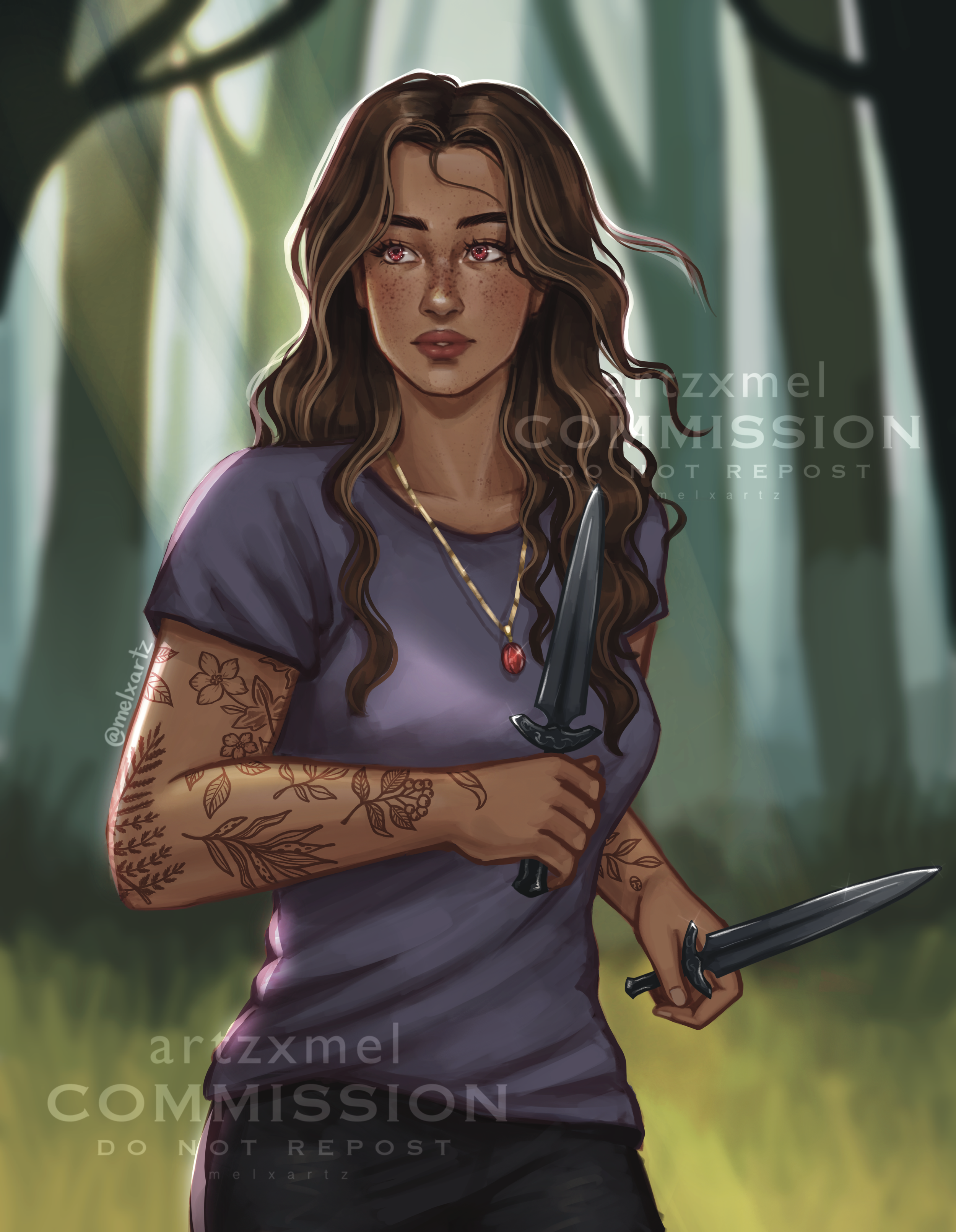 Character art commission of a young woman with long wavy brown hair and tattoos on her arms holding two black knives, set against a blurred green forest background.