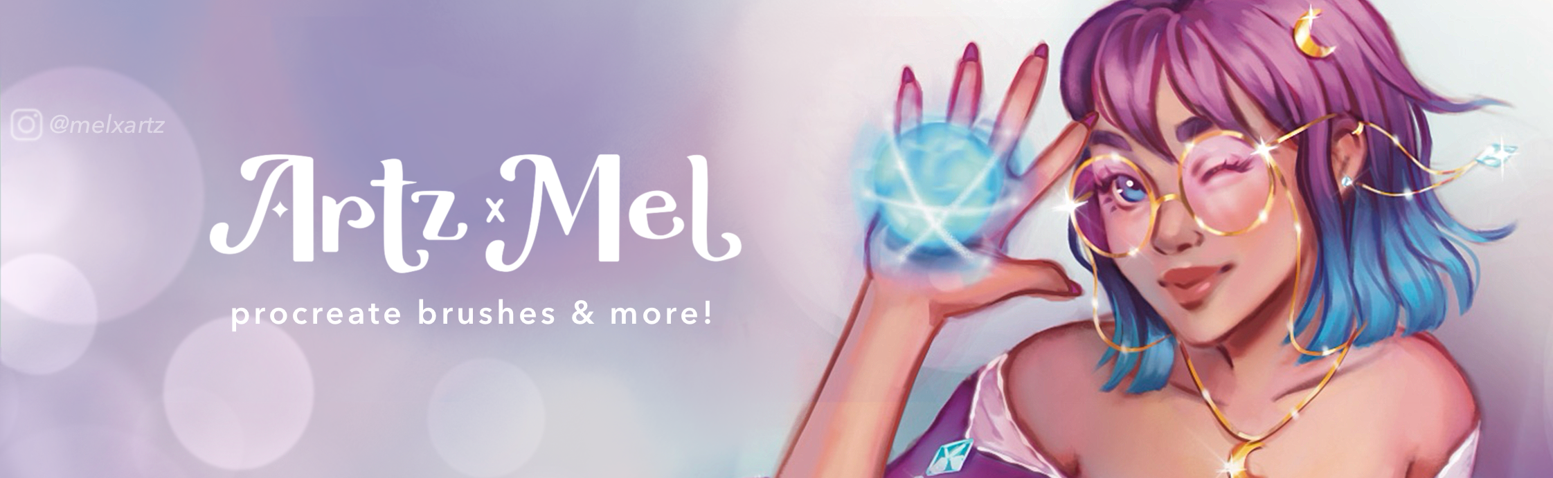 Digital art banner for ArtzxMel Shop featuring a colorful anime-style girl with purple and blue hair, wearing glasses, winking, with glowing magical effects around her hand.