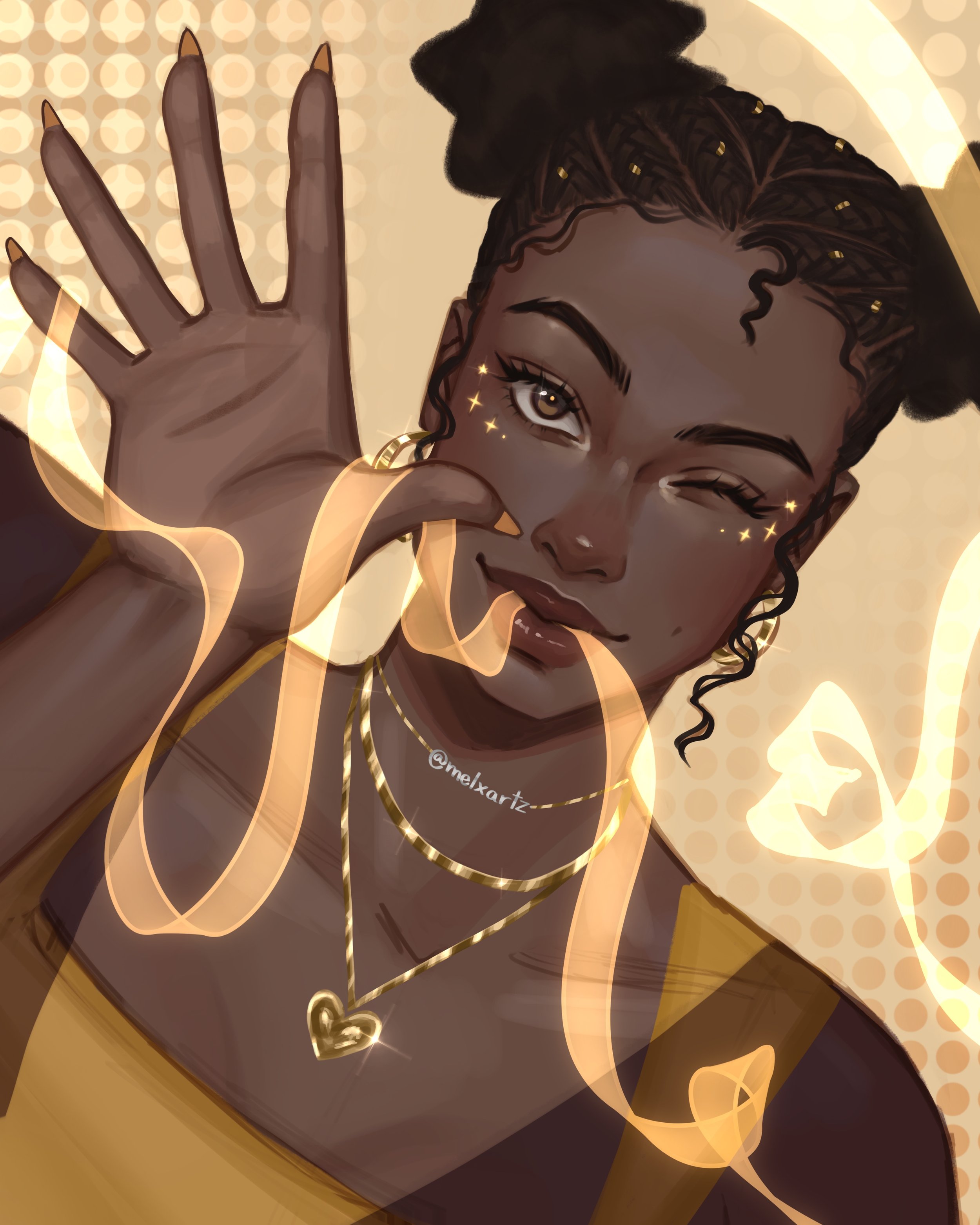 Digital illustration of a young woman with dark skin, curly hair styled in puffs, wearing gold jewelry including hoop earrings, layered necklaces with a heart pendant, and a yellow top. She is smiling with one eye closed and her hand near her face, w
