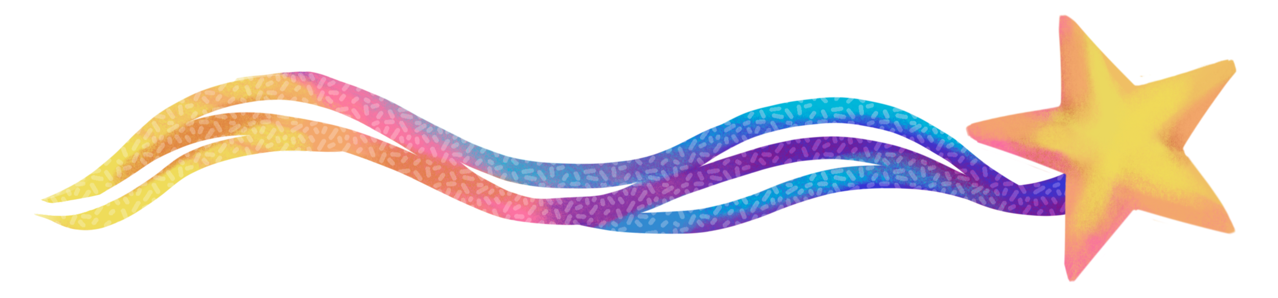 Colorful shooting star with a gradient of yellow, pink, purple, blue, and yellow stripes, with a yellow star at the right end.