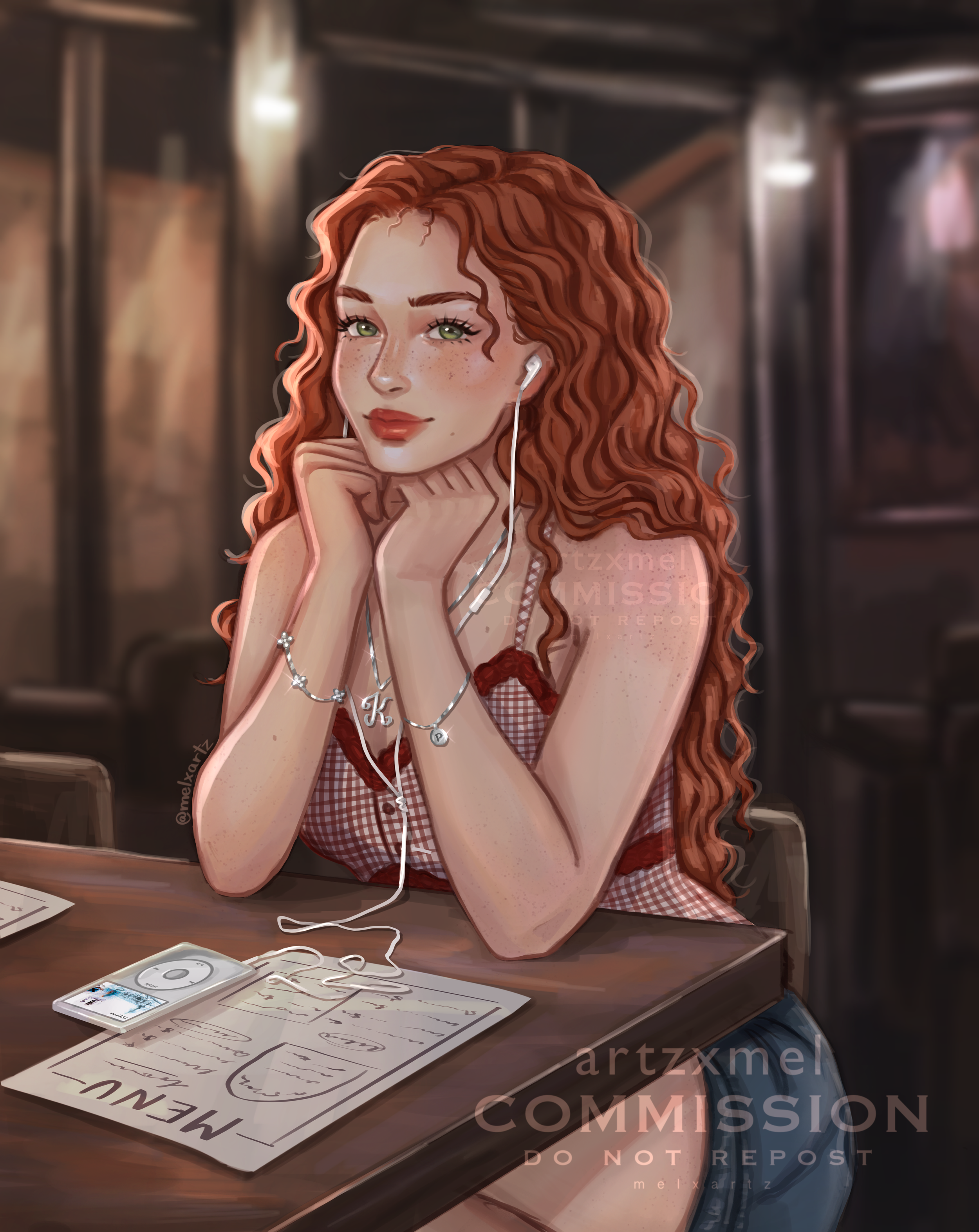 Character art commission of a young woman with long curly red hair, green eyes, and freckles sitting at a table with a menu and an MP3 player, listening to music with earbuds, in a cozy indoor setting.