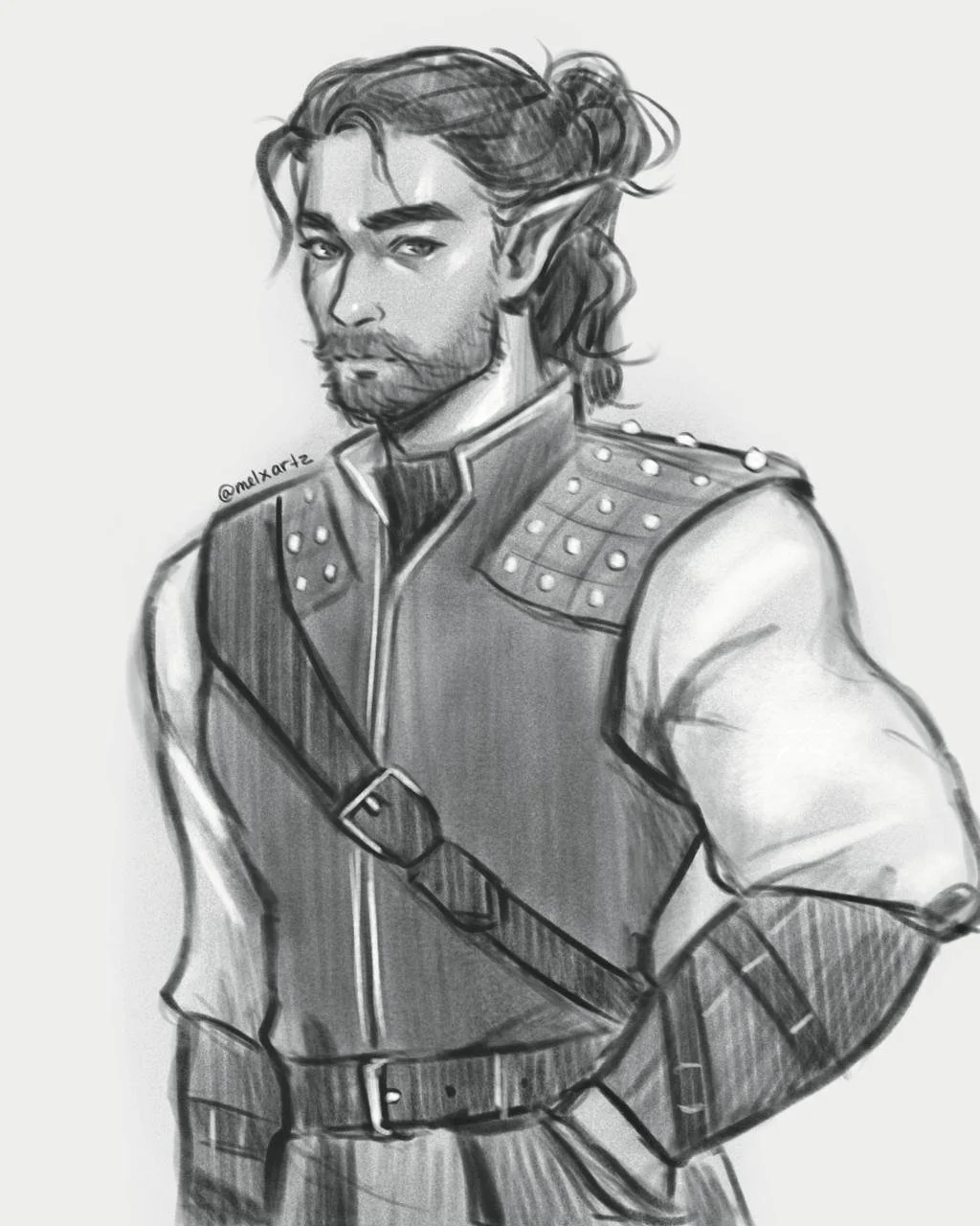 Black and white sketch of a man with long hair and a beard, dressed in medieval or fantasy armor with metal studs, looking confidently at the viewer.