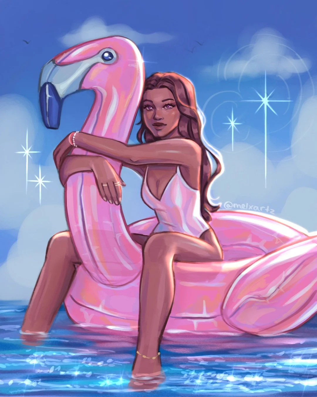 Digital illustration of a woman with long brown hair and brown skin sitting on a large pink flamingo float in water. She is wearing a white swimsuit and jewelry, with a vibrant sky background featuring clouds, stars, and a few birds.