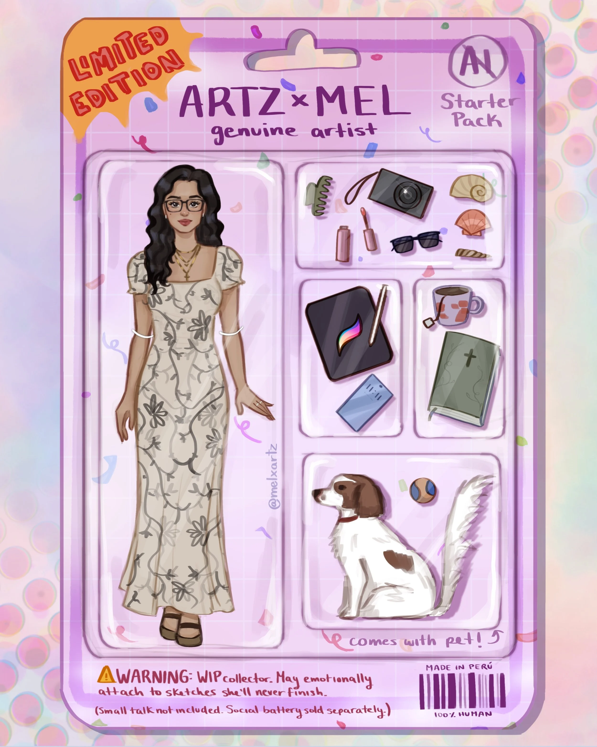 Illustration of a limited edition Artz x Mel starter pack featuring a female figure, pet dog, and various art supplies and accessories, including camera, sunglasses, makeup, book, tablet, social media icon, and toy ball, on a pastel background.