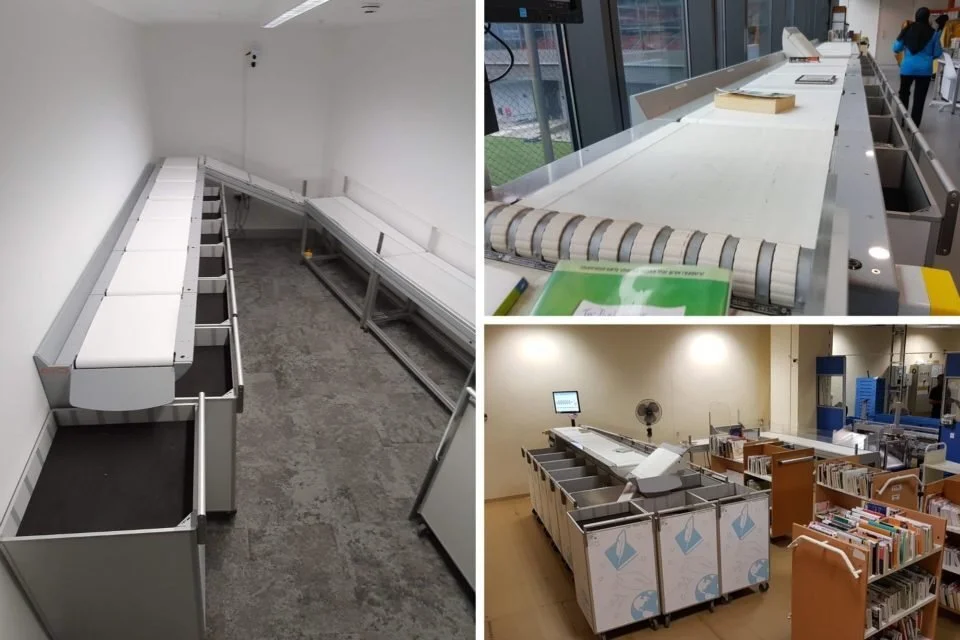 Three different images of empty or partially assembled airport baggage conveyor belts and sorting systems in airport or warehouse settings.
