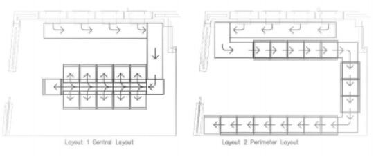 Two layout diagrams for conveyor belt systems, showing different configurations of the belts and routing.