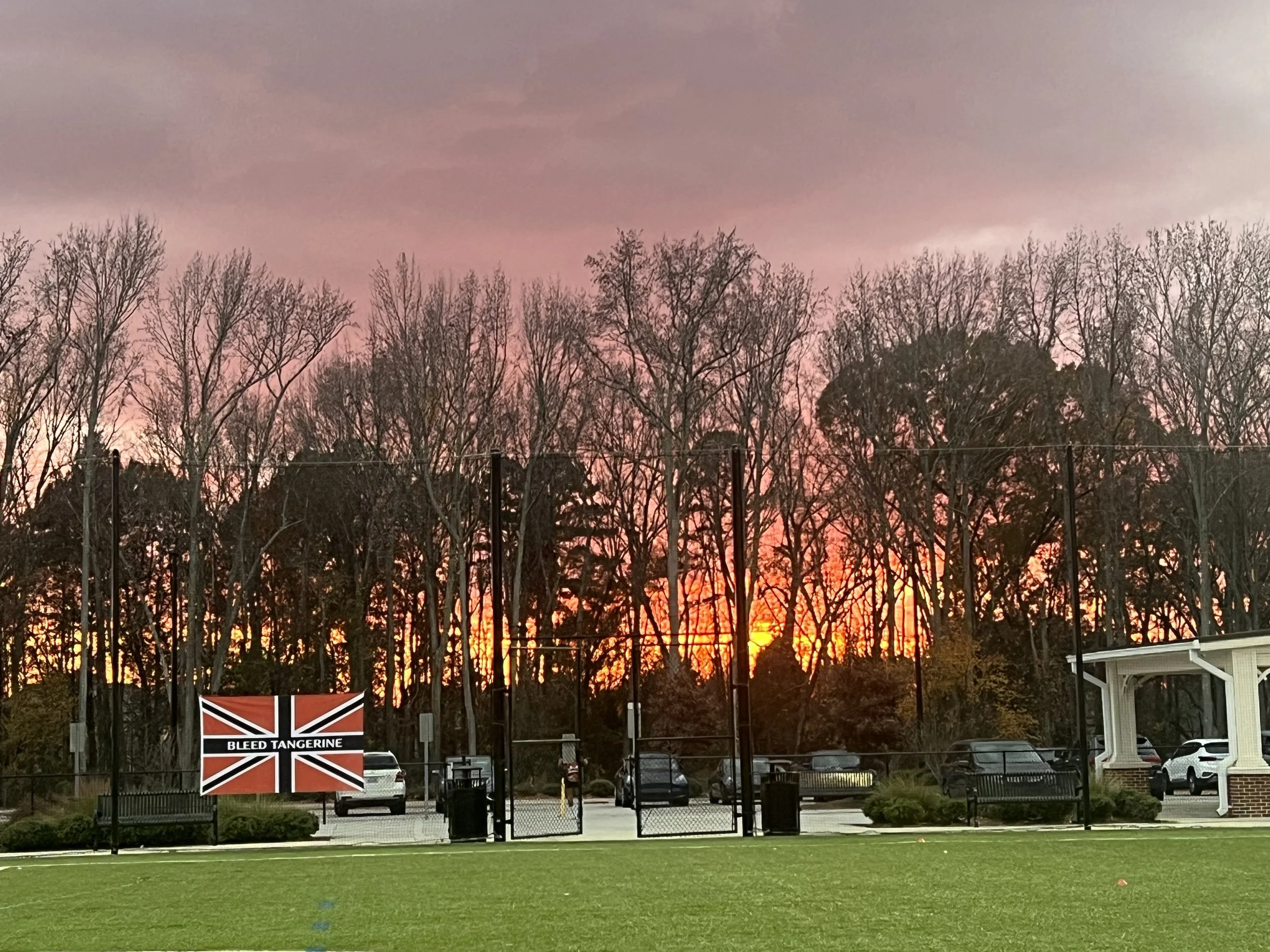 A sunset scene with leafless trees in the background, a chain-link fence in the foreground, and a green grassy area. Inside the fenced area, there is a large flag-shaped sign that reads 'BLEED TANGERINE' with a Union Jack design, and several parked c