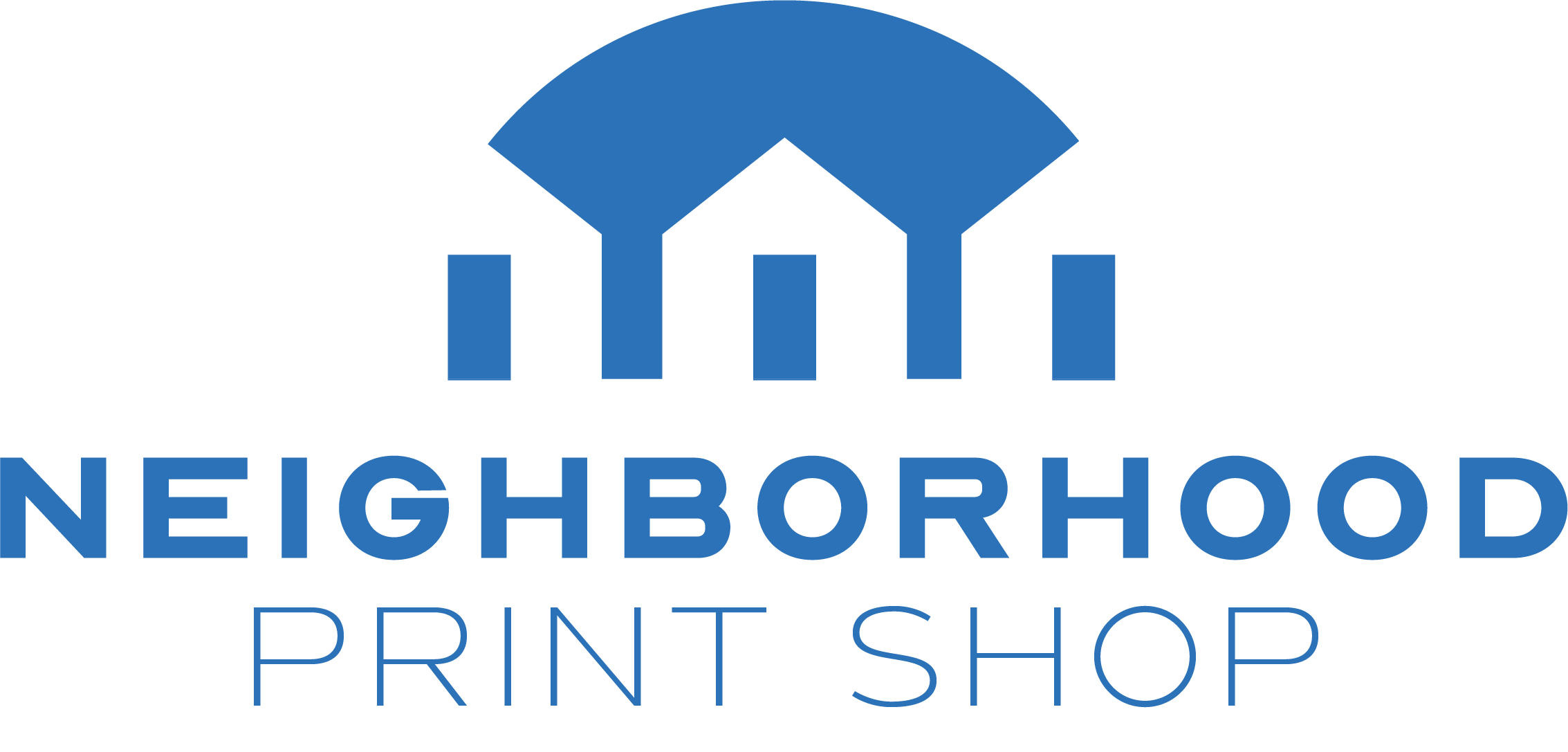 Logo of Neighborhood Print Shop with a stylized blue house and bar chart inside, and the words "NEIGHBORHOOD PRINT SHOP" below.