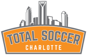 Logo of Total Soccer Charlotte with a city skyline in the background.