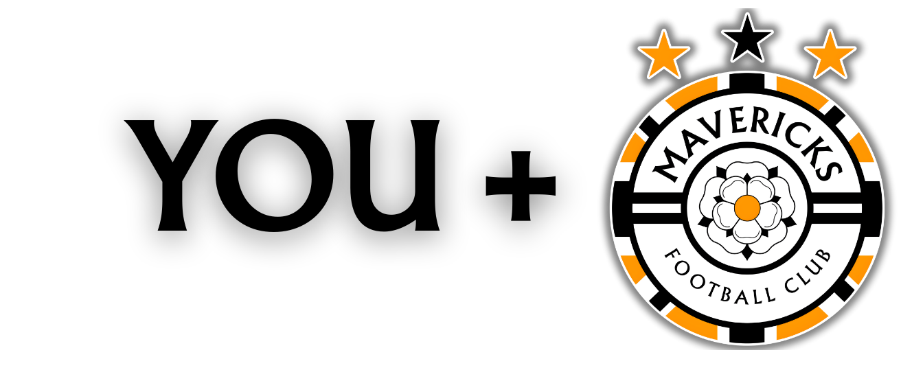 Small rectangular black text reads "Mavericks Football Club" beside the Dallas Mavericks logo with an orange, black, and white circular emblem featuring a flower, stars, and the words "Mavericks Football Club."