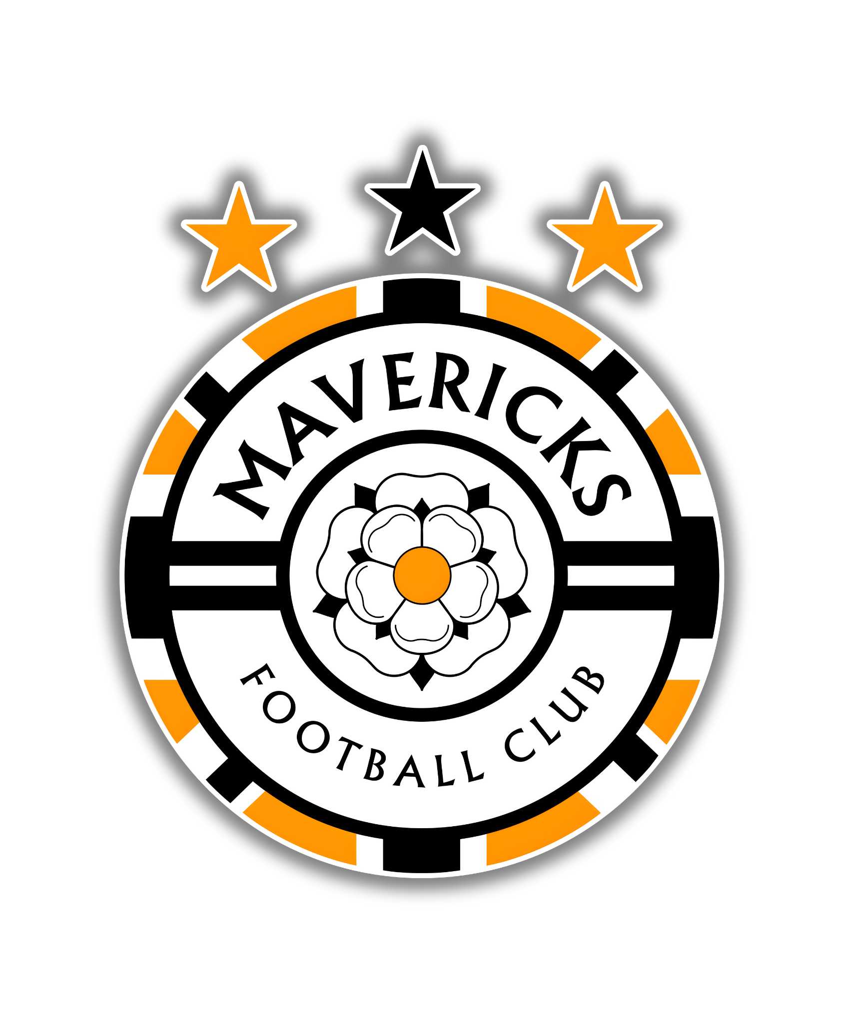 Mavericks Football Club logo with black background, featuring a circular design with a flower in the center, stars above, and orange, black, and white color accents.