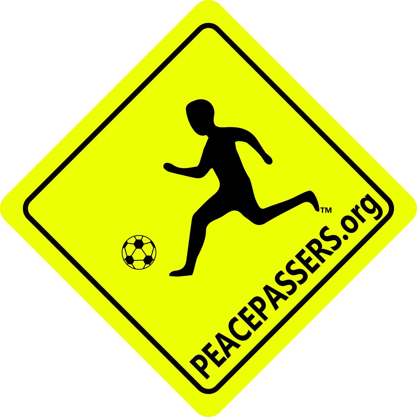 Yellow caution sign with a black silhouette of a child running with a soccer ball and the text 'PEACEPASSERS.org'.