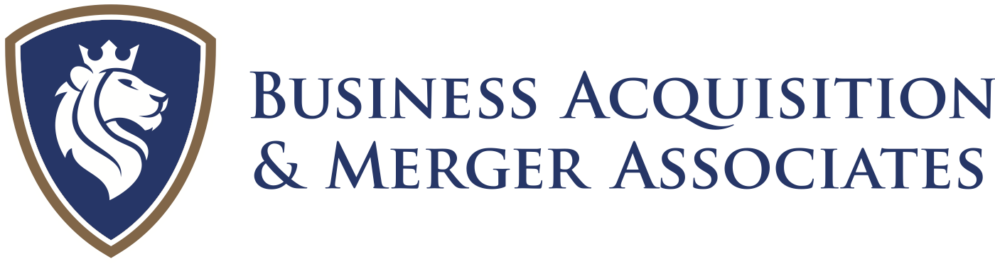 Logo of Business Acquisition & Merger Associates featuring a lion's head inside a shield, with the company name to the right.
