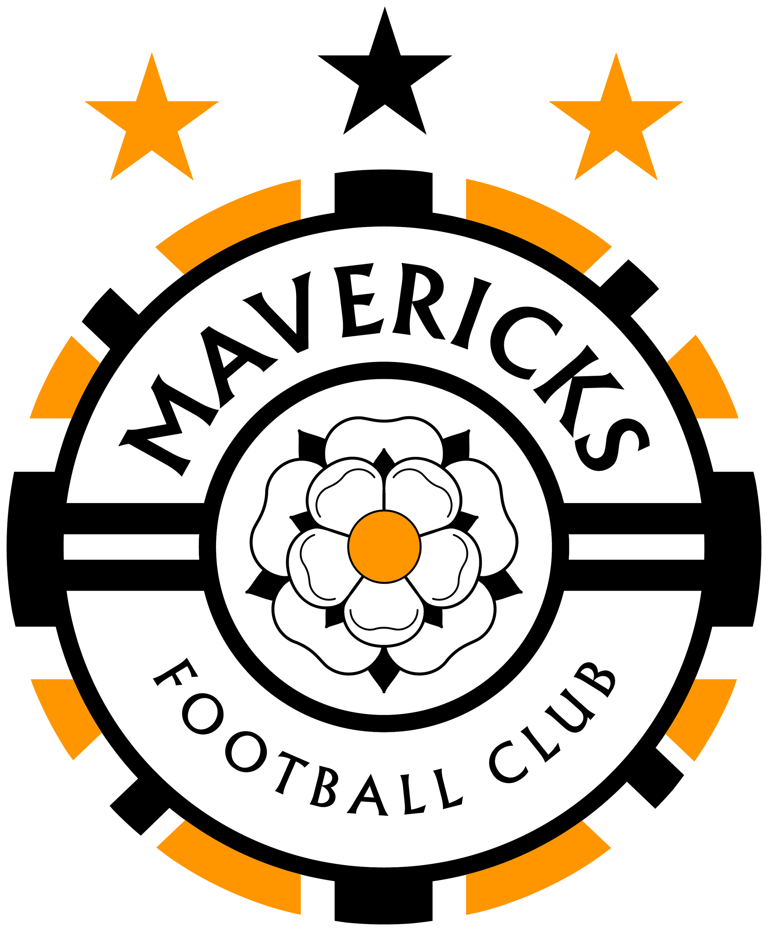 Mavericks Football Club logo featuring a black, white, and orange color scheme with a central flower, surrounded by black and orange rings, and three orange stars above.