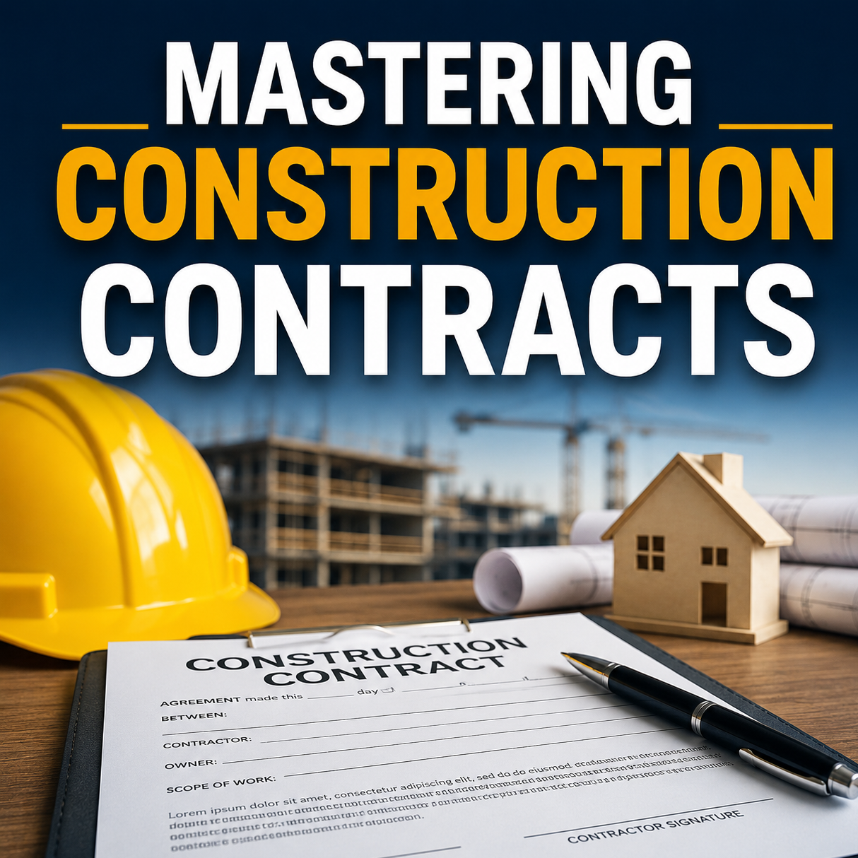Construction site with blue sky background, yellow safety helmet, small wooden house model, blueprints, construction contract, and pen on a table.