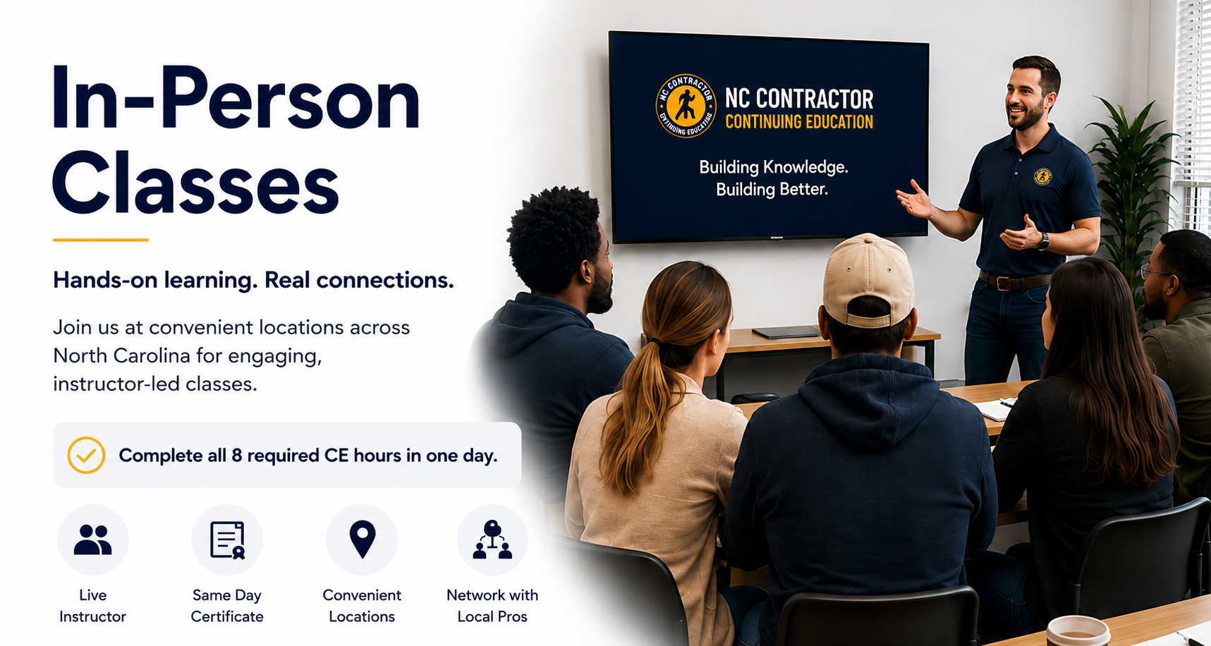 A classroom with a diverse group of students attending an in-person building contractor continuing education class. The instructor is standing next to a screen with the NC Contractor logo and information, while students listen and take notes.