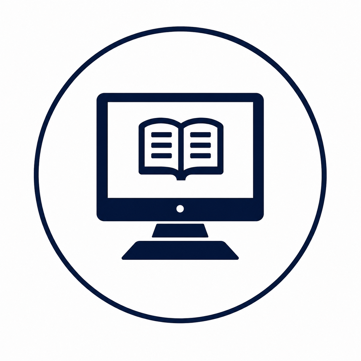 Icon of a computer monitor displaying an open book, representing online learning or digital education.
