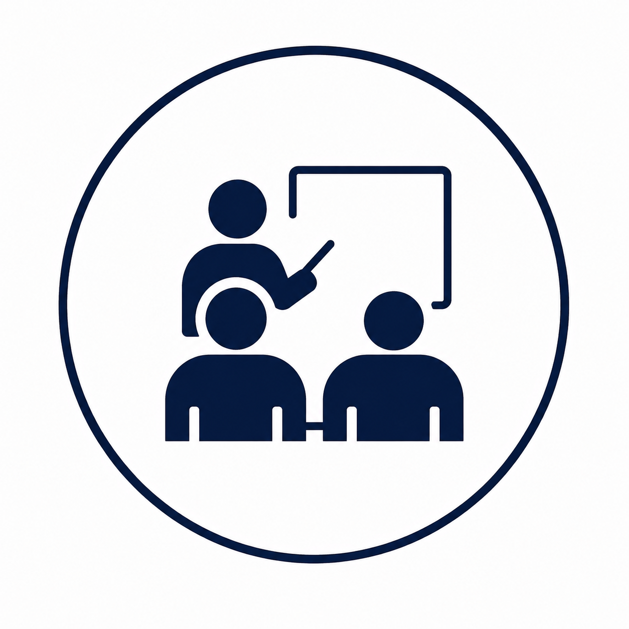 Icon of a teaching session with a presenter pointing at a board, three audience members, all within a circle