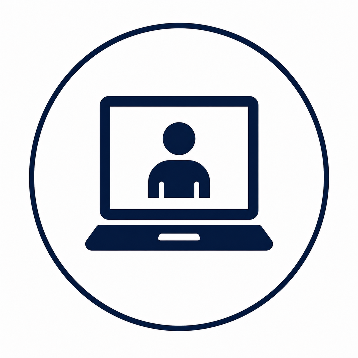 Icon of a person on a computer screen, representing online or virtual meeting.