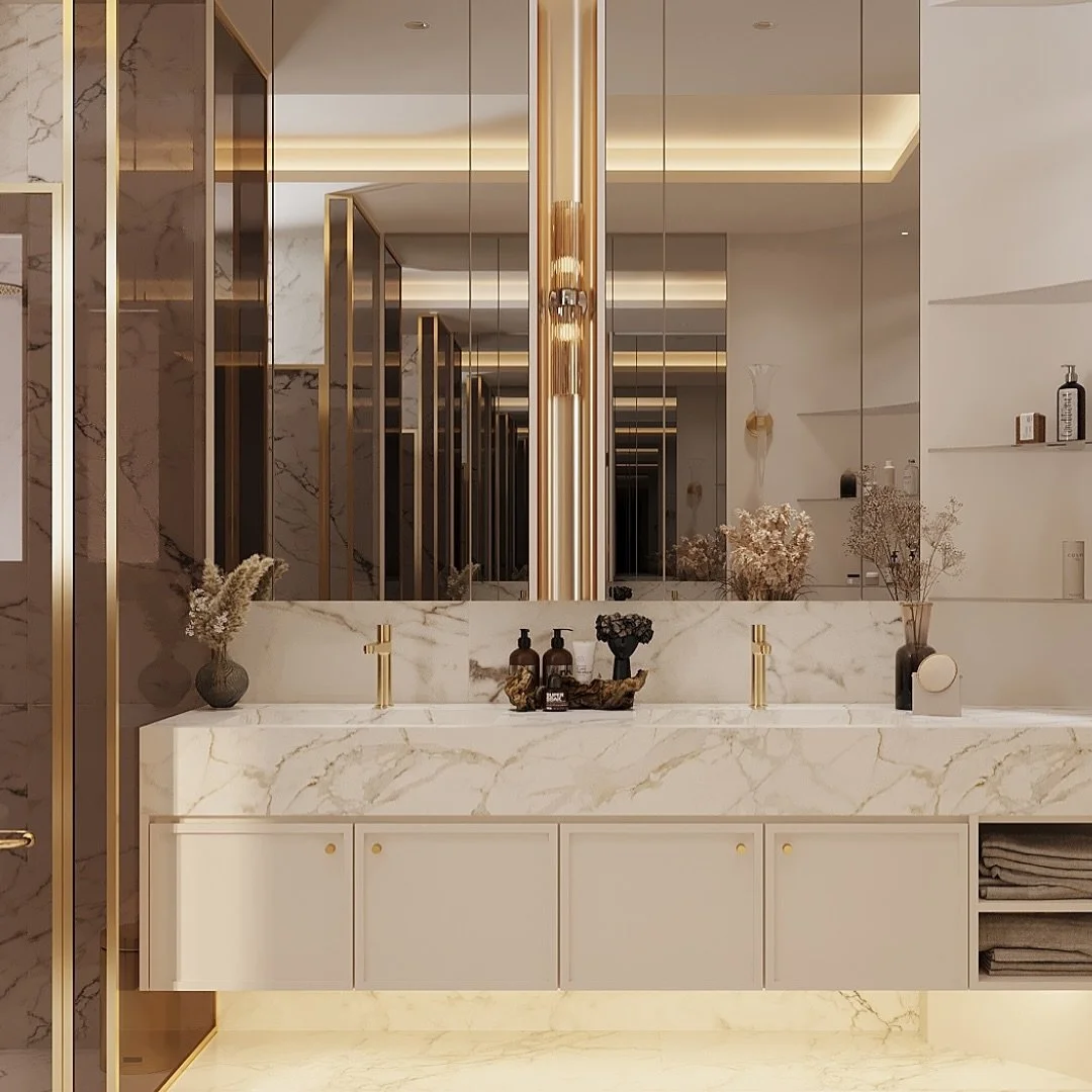 This bathroom is stunning! 😍

With his and her&rsquo;s sinks, opposing mirrors, and marble tiles throughout, this bathroom is fit for a five star luxury hotel. The clever use of lighting and neutral colour tones helps to create a serene space.

#des