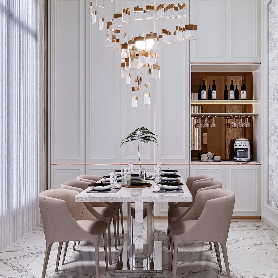 The stunning pendant light is the star of the show in this elegant dining room. The marble table and marble floor tiles complement one another beautifully, and tie in perfectly with the white and grey tones used throughout the room. ✨

The gorgeous b