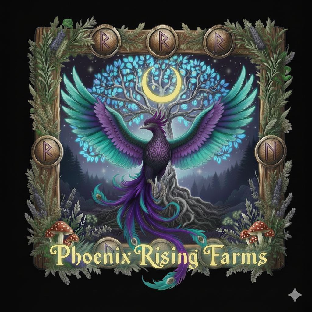 Colorful fantasy art of a phoenix with expansive green, purple, and teal wings, perched on a twisted tree under a crescent moon and starry sky. Forests with mushrooms decorate the bottom, surrounded by leafy framing with runic symbols. Text reads "Phoenix Rising Farms."