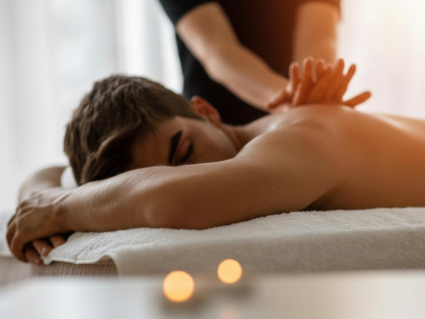 A young man lying face down on a massage table with his eyes closed, receiving a massage from a therapist, with candles in the foreground creating a relaxing atmosphere.