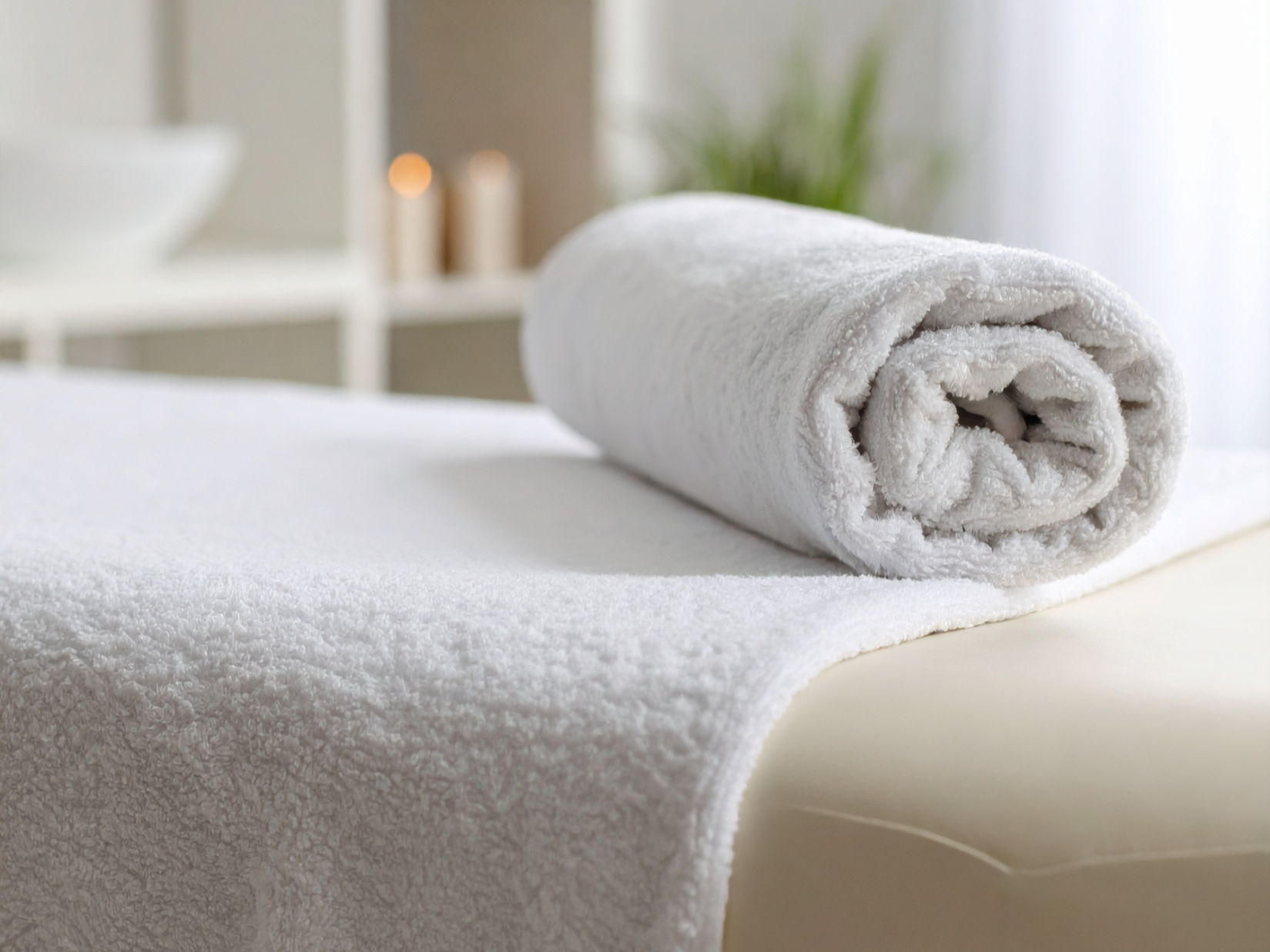 Rolled white towel on a clean, white spa or massage table in a spa or wellness center.