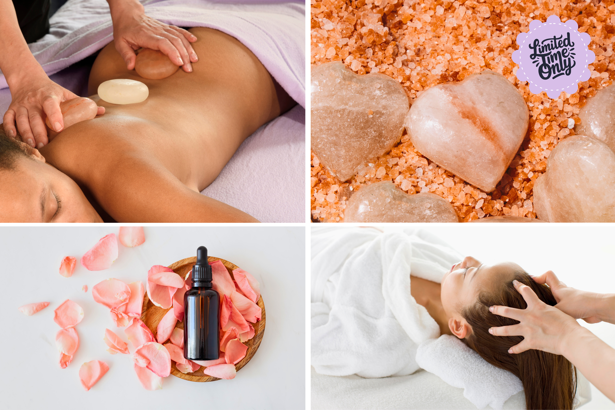 photo collage of aromatherapy, body scrub and body butter, and stone massage