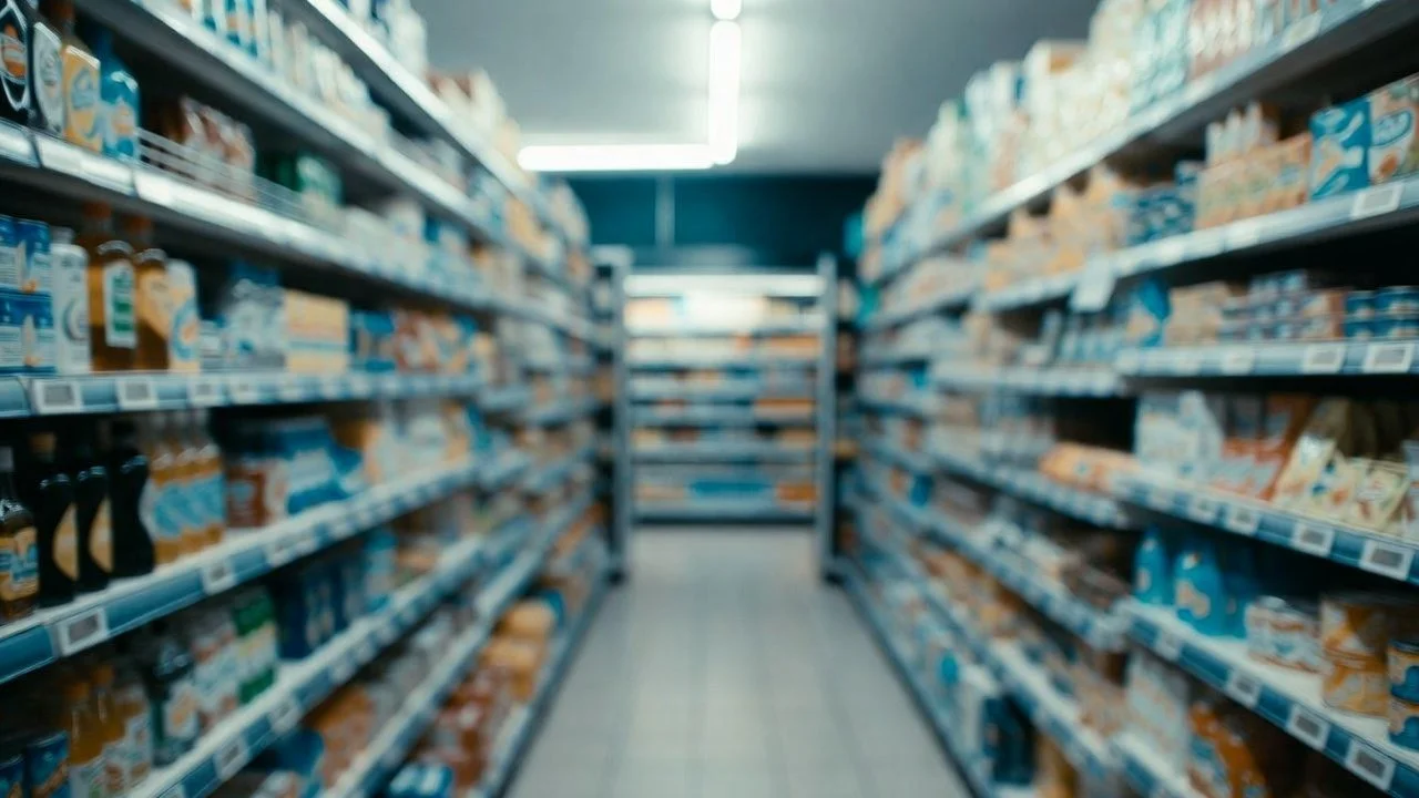 Supermarket aisle lined with FMCG products