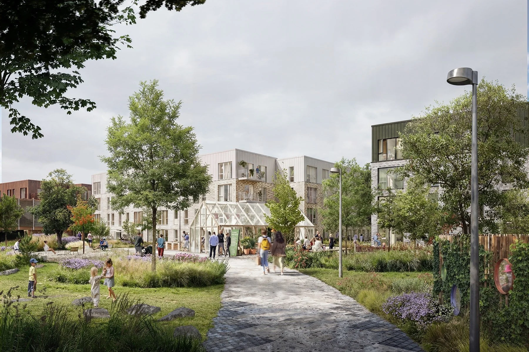 Coop Byen Copenhagen courtyard 3D visualization - lifestyle rendering for real estate sales acceleration and community storytelling by nor3d | Coop Byen København gårdhave 3D visualisering livsstils-rendering til salgsacceleration og fællesskabsfortæ