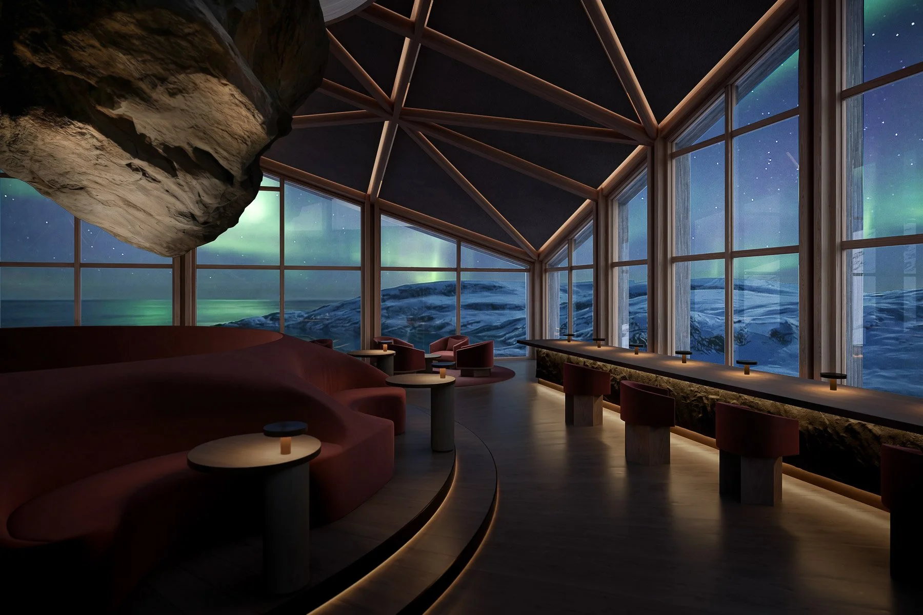 Nordkap hotel bar 3D visualization - panoramic interior rendering with AI-powered cinematic video for luxury hospitality PR and media campaigns by nor3d Copenhagen