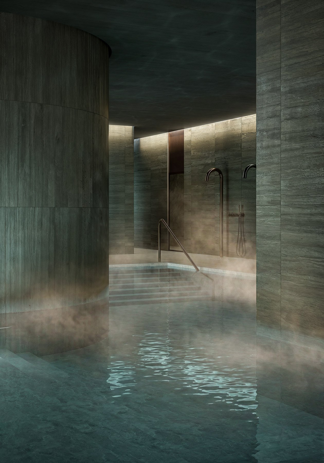 Nordkap hotel spa 3D visualization - custom modeled pool interior with atmospheric lighting for cinematic video walkthrough and PR content by nor3d