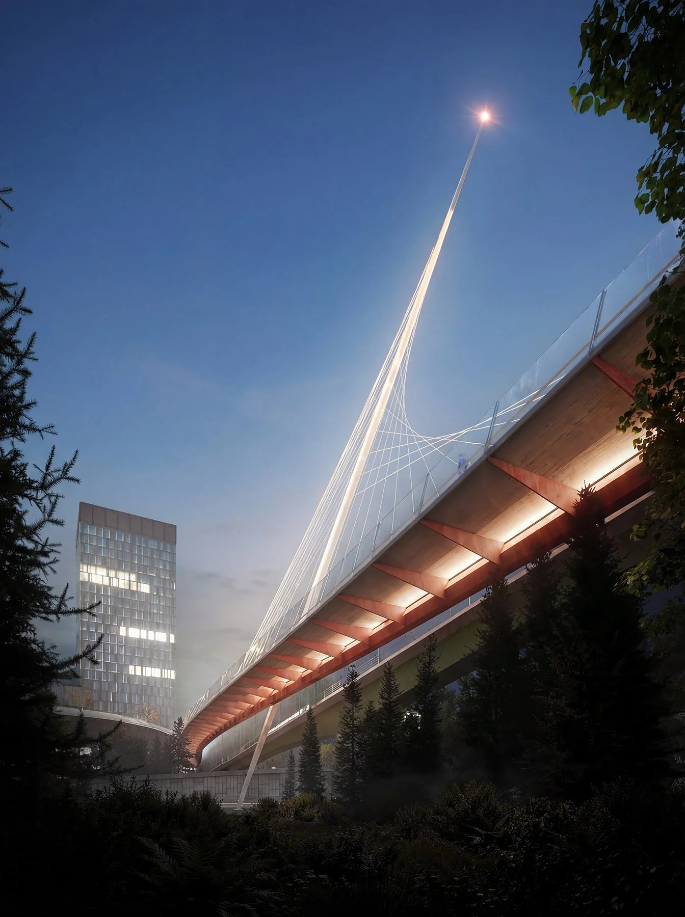 Bellevue 3D rendering - cinematic night visualization with iconic spire for architectural competition and brand storytelling by nor3d Copenhagen | Bellevue 3D rendering cinematisk natvisualisering med ikonisk spir til arkitektkonkurrence og brandfort