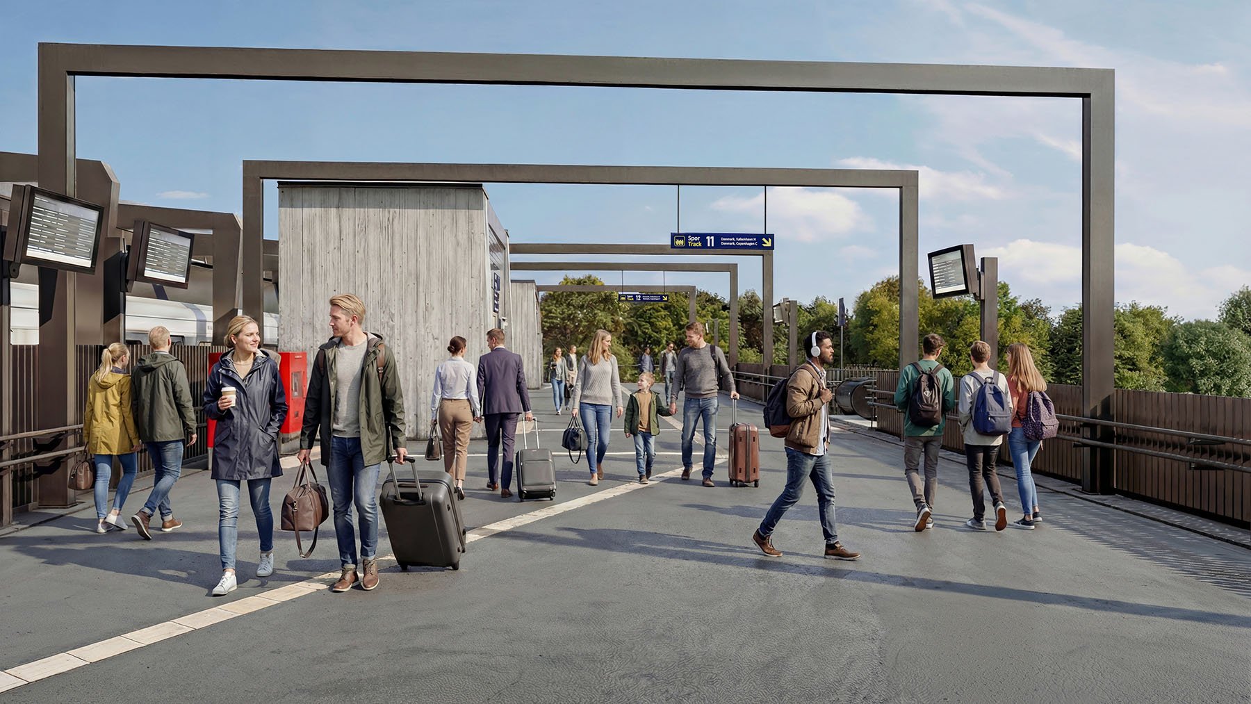 KBH Lufthavnen Copenhagen Airport station 3D visualization - pedestrian bridge rendering for municipality approvals and public transport design support by nor3d Copenhagen | KBH Lufthavnen fodgængerbro 3D visualisering til kommunal godkendelse og off