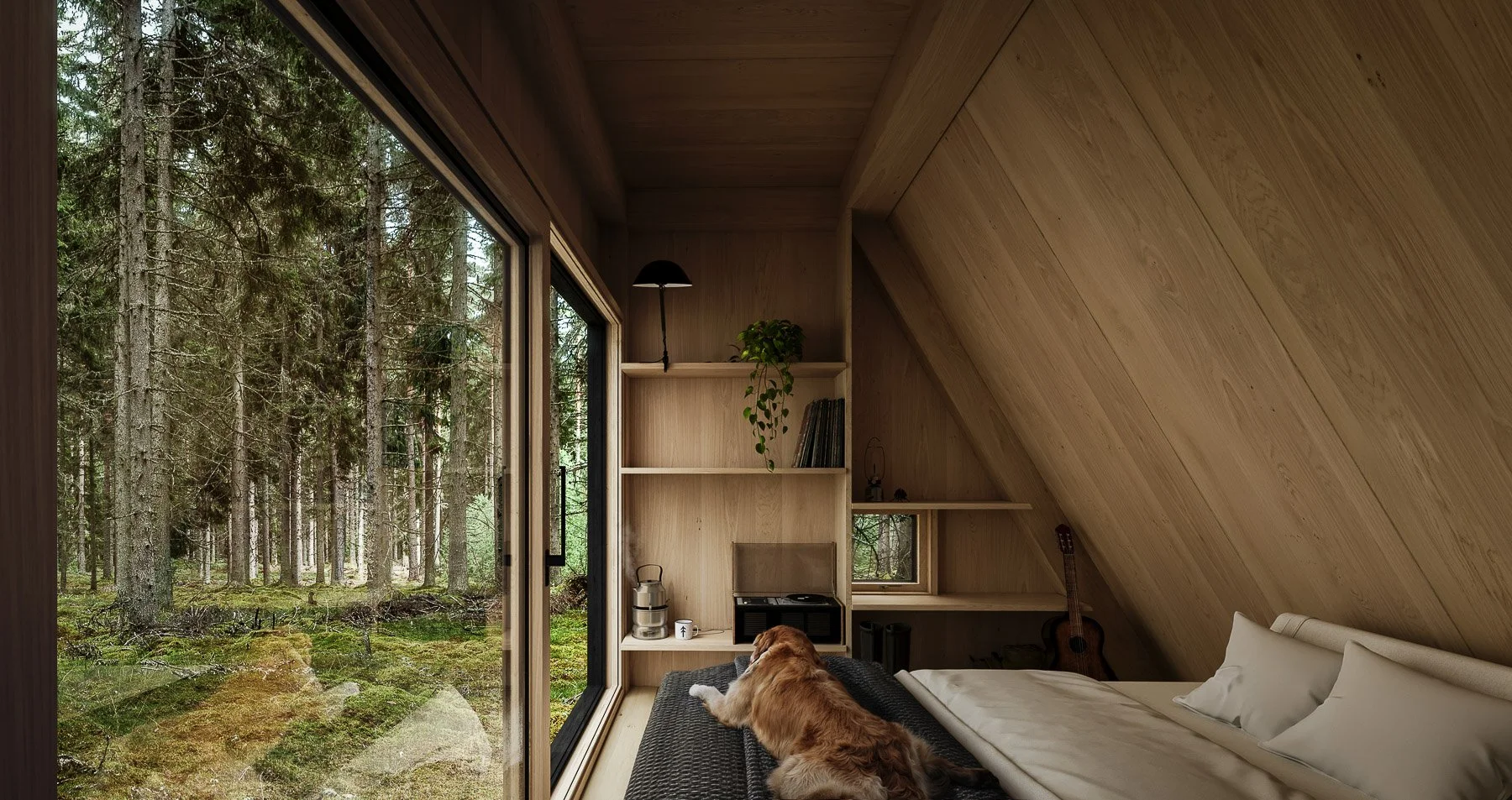Cabin interior 3D rendering - immersive lifestyle visualization combining architecture and nature for pre-sales materials and client presentations by nor3d Copenhagen