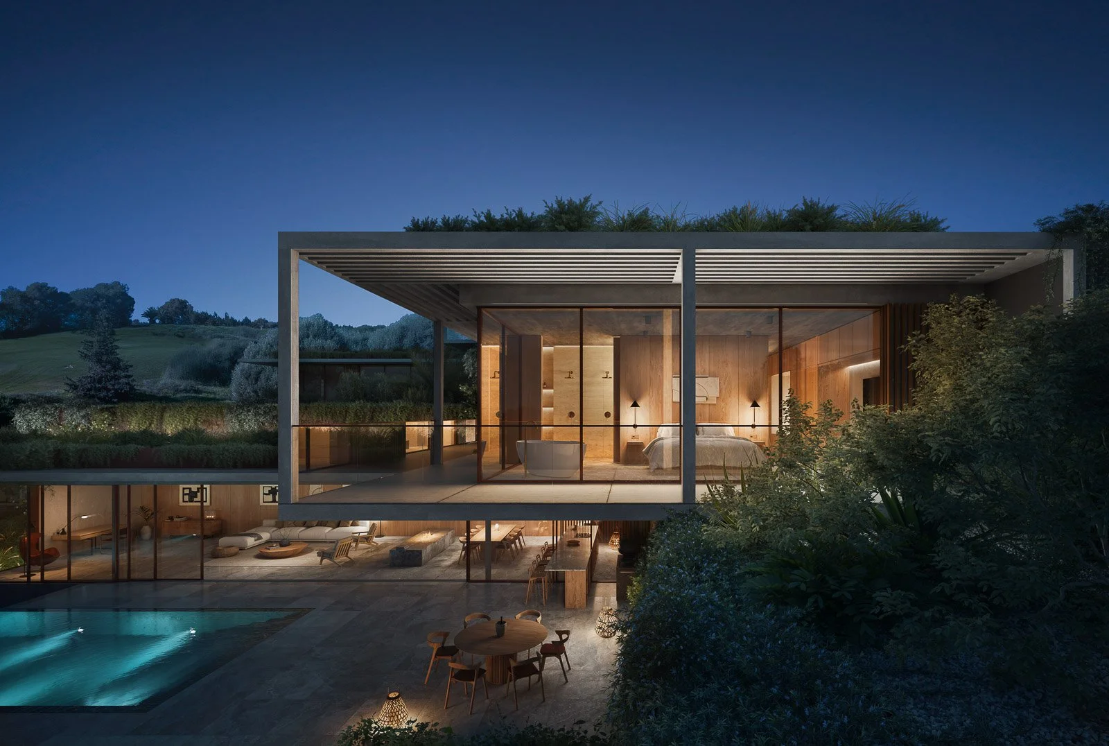 ISHQ Villas evening exterior 3D rendering - cinematic architectural visualization for luxury real estate pre-sales and design optimization by nor3d