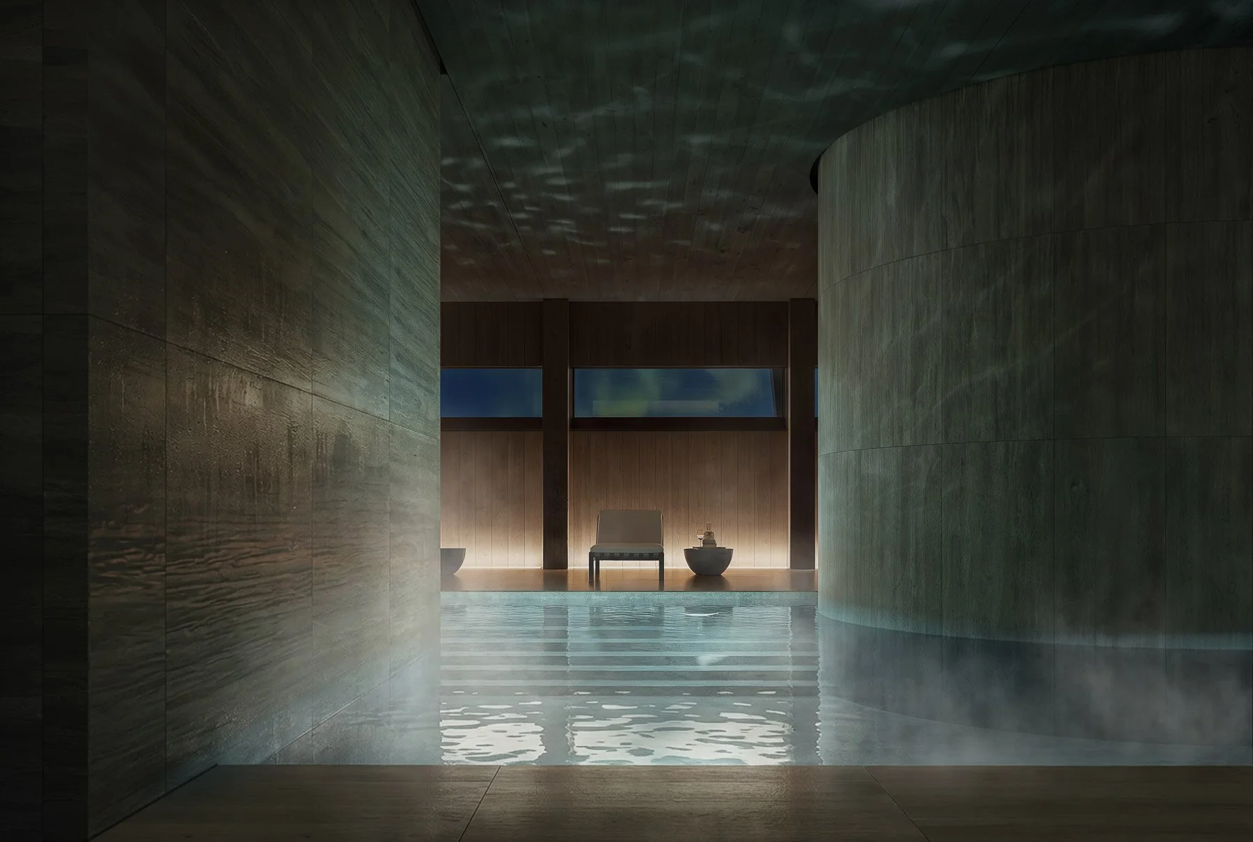 Nordkap hotel spa 3D visualization - custom modeled pool interior with atmospheric lighting for cinematic video walkthrough and PR content by nor3d