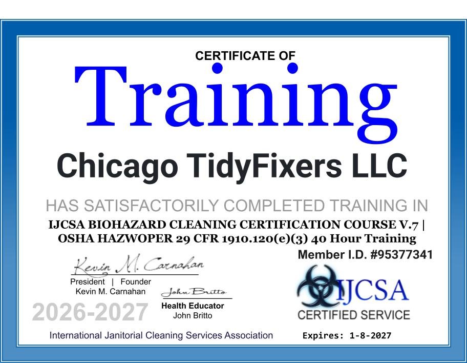 IJCSA certificate for Biohazard Cleanup