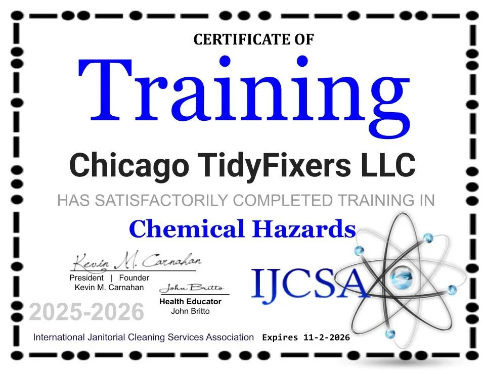 Certificate of training for Chicago TidyFixers LLC in chemical hazards, with signatures and expiration date of November 2, 2026.